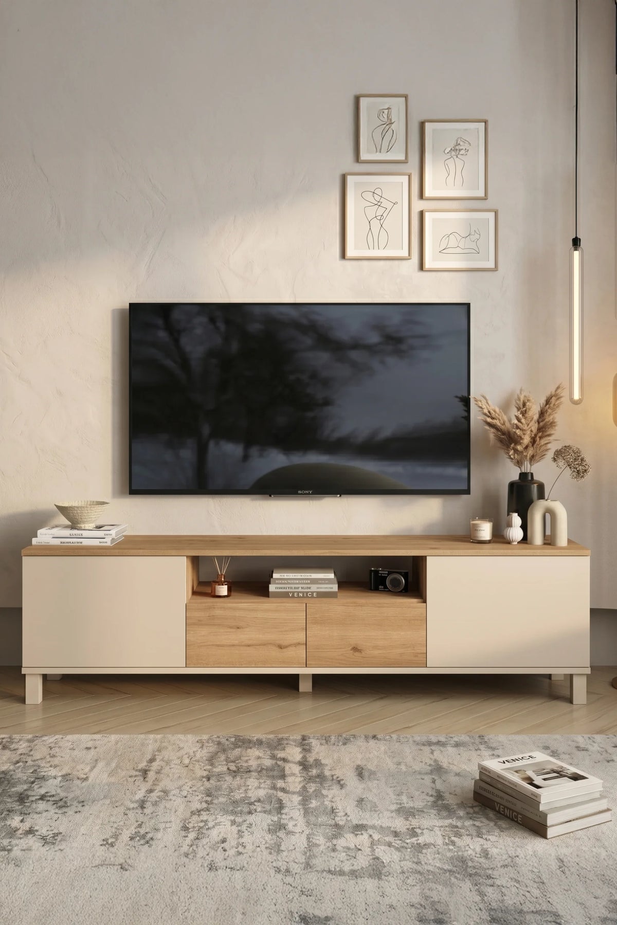 Mood TV стойка с 2 капака, 2 чекмеджета, дървени крака 180 см Пясъчен дъб MD1-CS – изображение 2