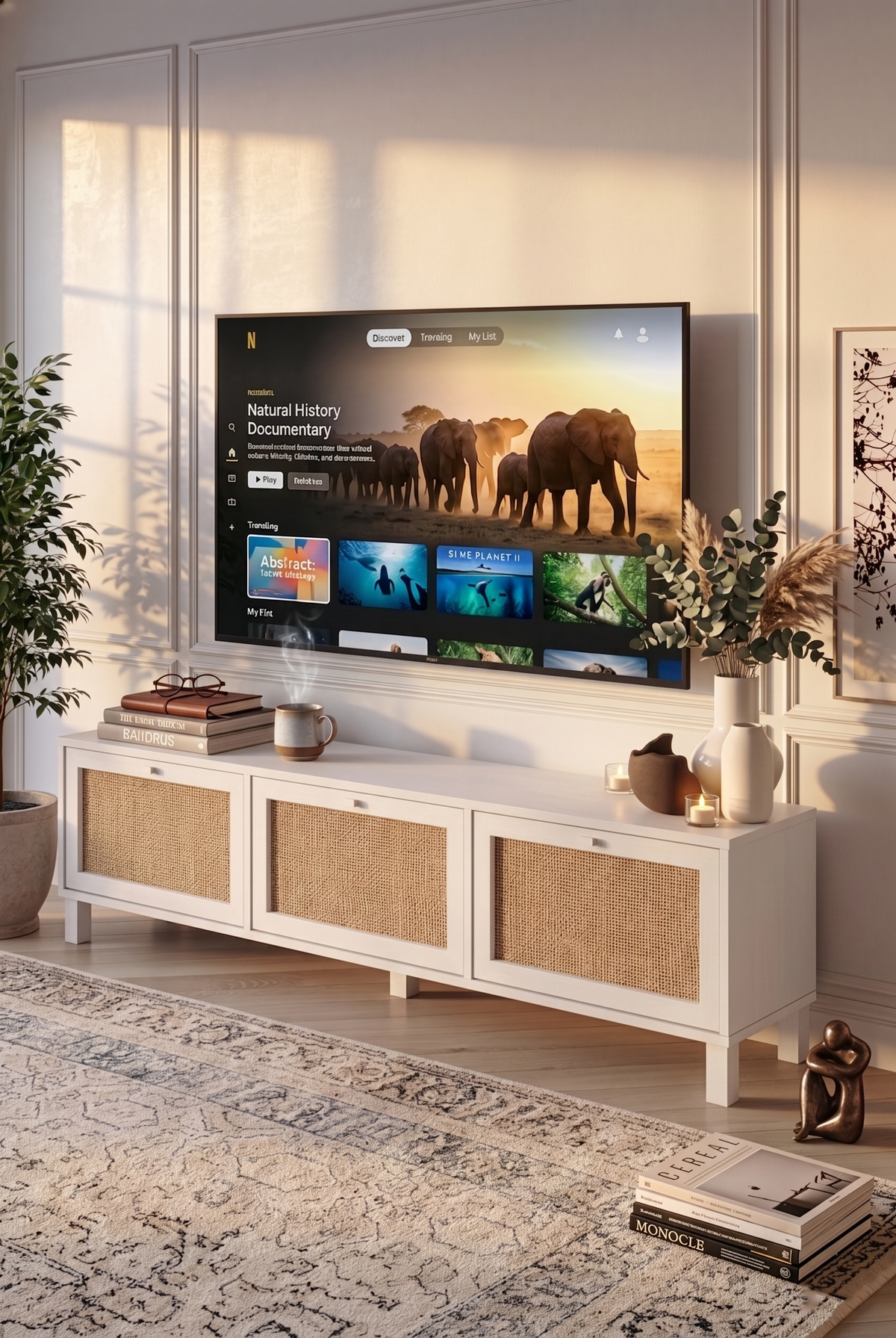 Yuru Design Dune TV Cabinet White Natural Beech Wood Jute