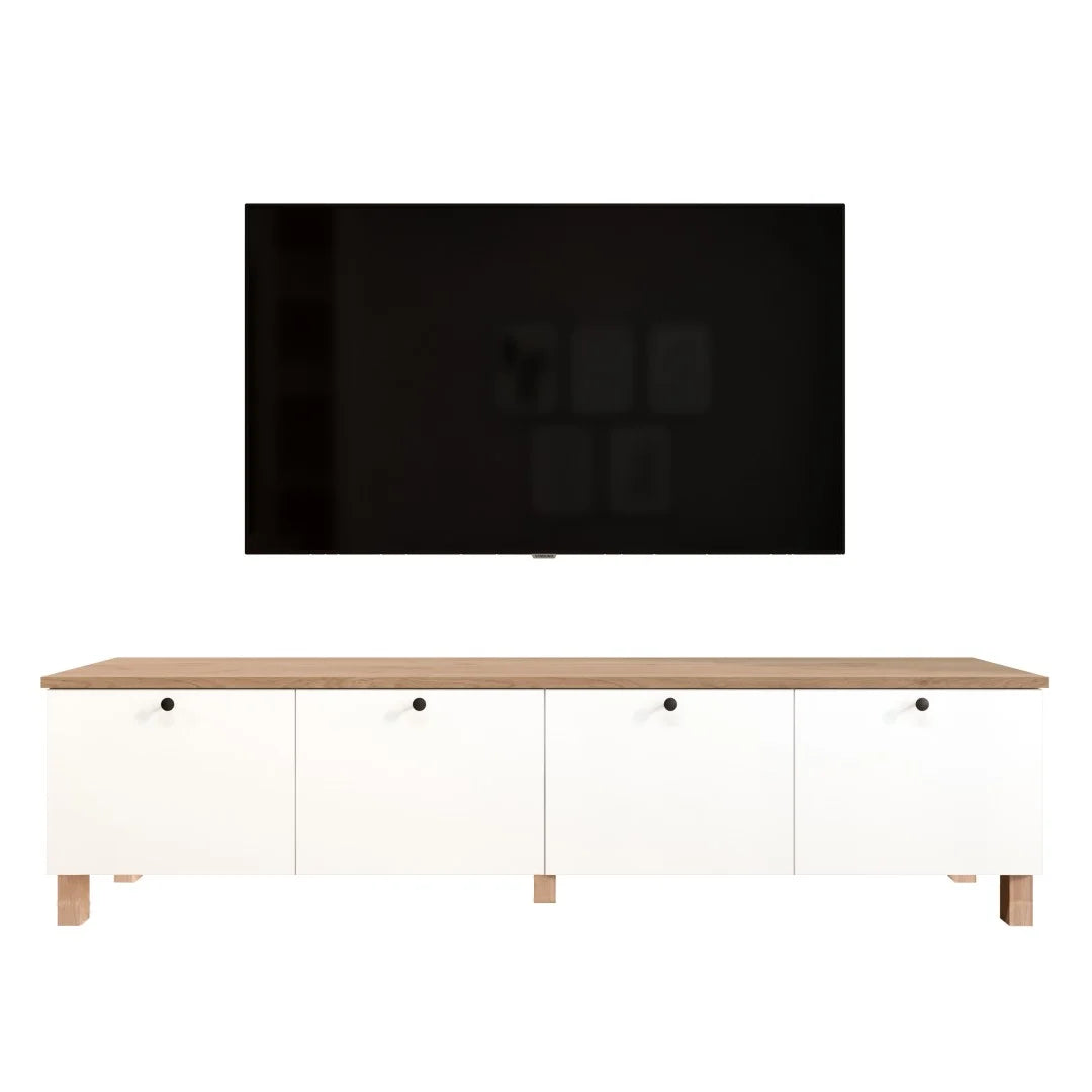 Стойка Nord TV с 4 капака и дървени крака 180cm Кошница-бяла – изображение 5