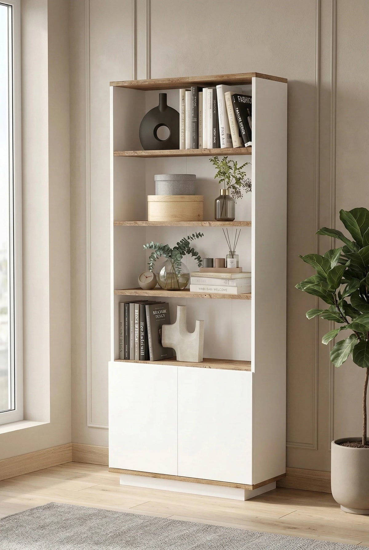 Рафт за книги Future с 2 врати и рафтове 168cm Pine-White