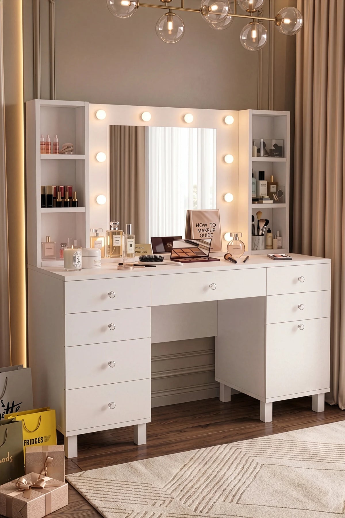 Тоалетка Monroe със 7 чекмеджета и органайзер с капак Hollywood Led Light Shelf White MO5-W – изображение 2