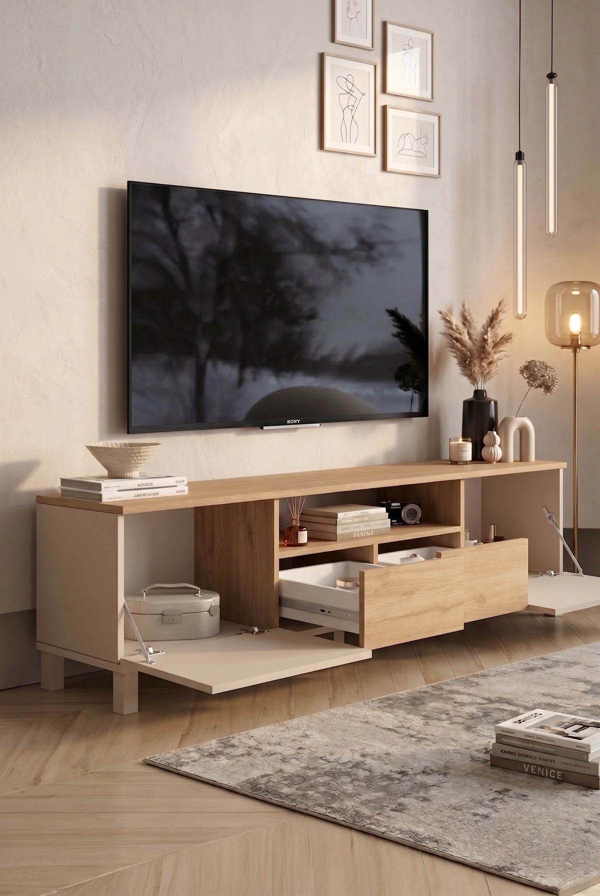Mood TV стойка с 2 капака, 2 чекмеджета, дървени крака 180 см Пясъчен дъб MD1-CS – изображение 3