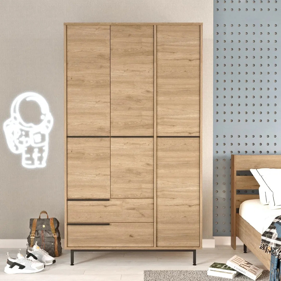 Гардероб Ocean 3 врати 2 чекмеджета Метални крака 196cm Кошница – изображение 2