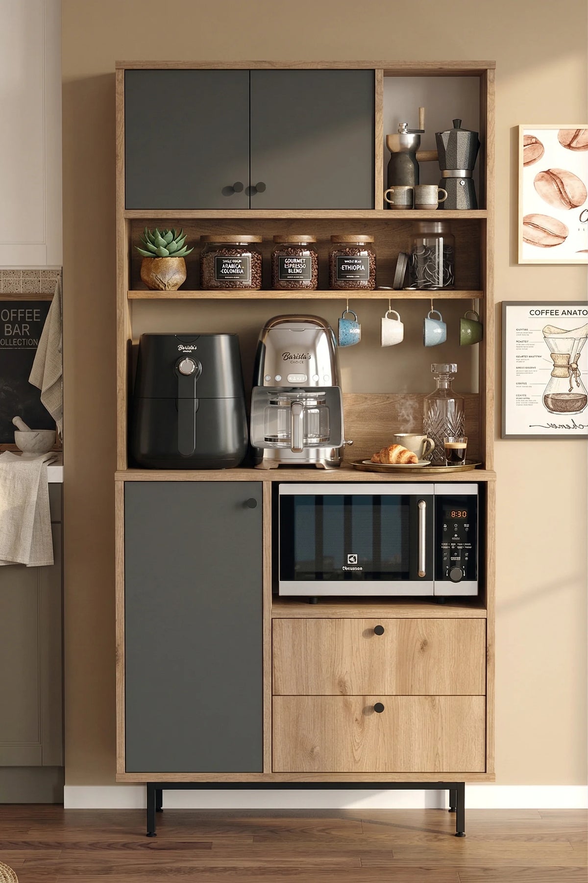 Серия Royce Coffee Corner Многофункционален шкаф Кухненски шкаф Кошница-антрацит