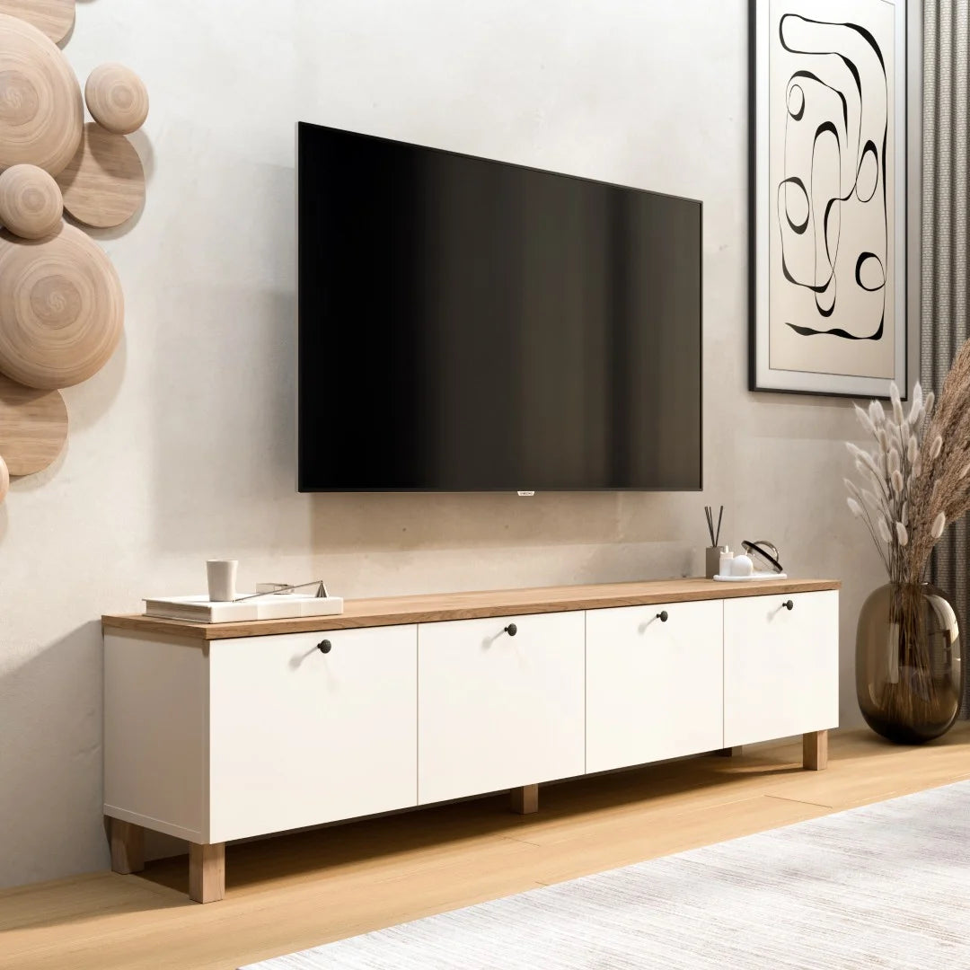 Стойка Nord TV с 4 капака и дървени крака 180cm Кошница-бяла – изображение 3