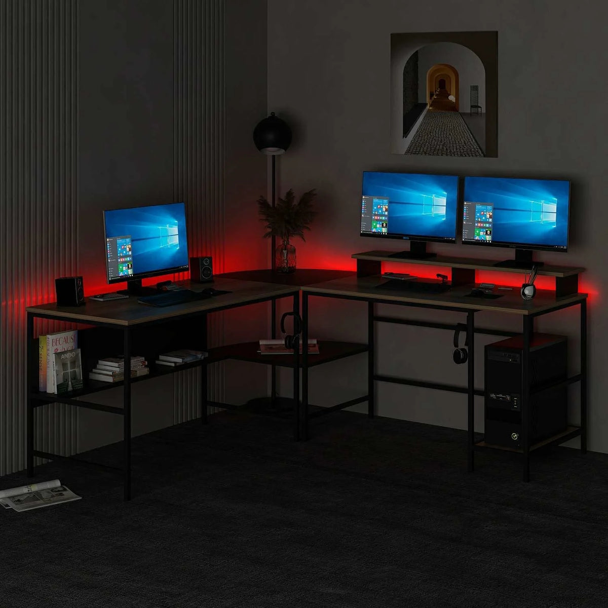 Ъглово бюро Greta L с RGB LED светлини - златисто/черно – görsel 4