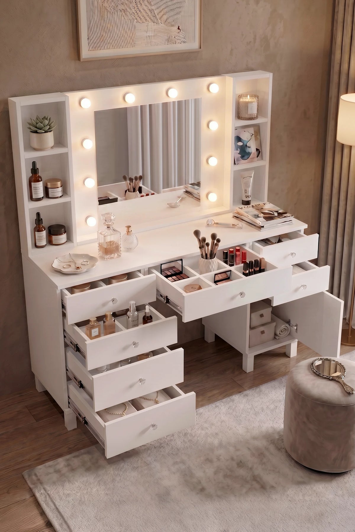 Тоалетка Monroe със 7 чекмеджета и органайзер с капак Hollywood Led Light Shelf White MO5-W