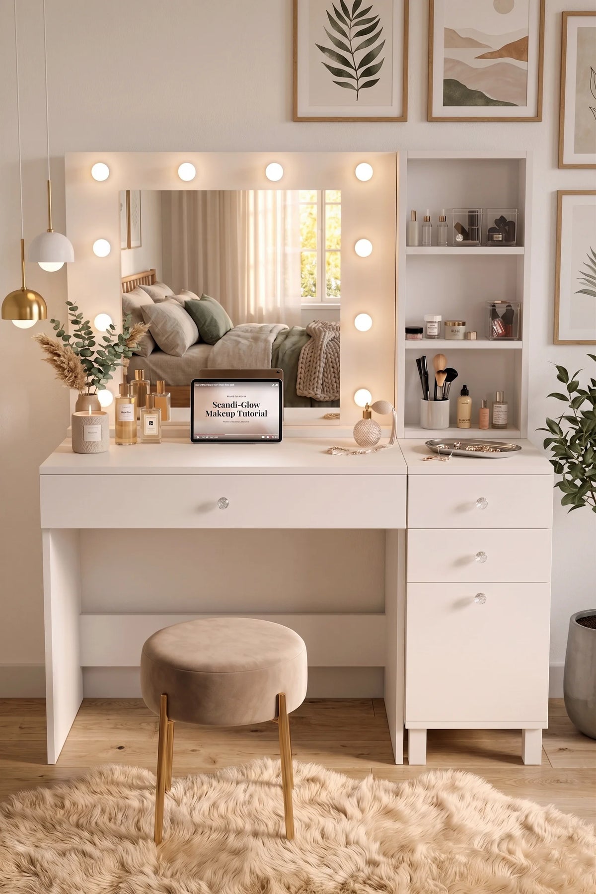 Маса за грим Monroe с 3 чекмеджета и калъф Органайзер Hollywood LED Light Shelf White – изображение 6