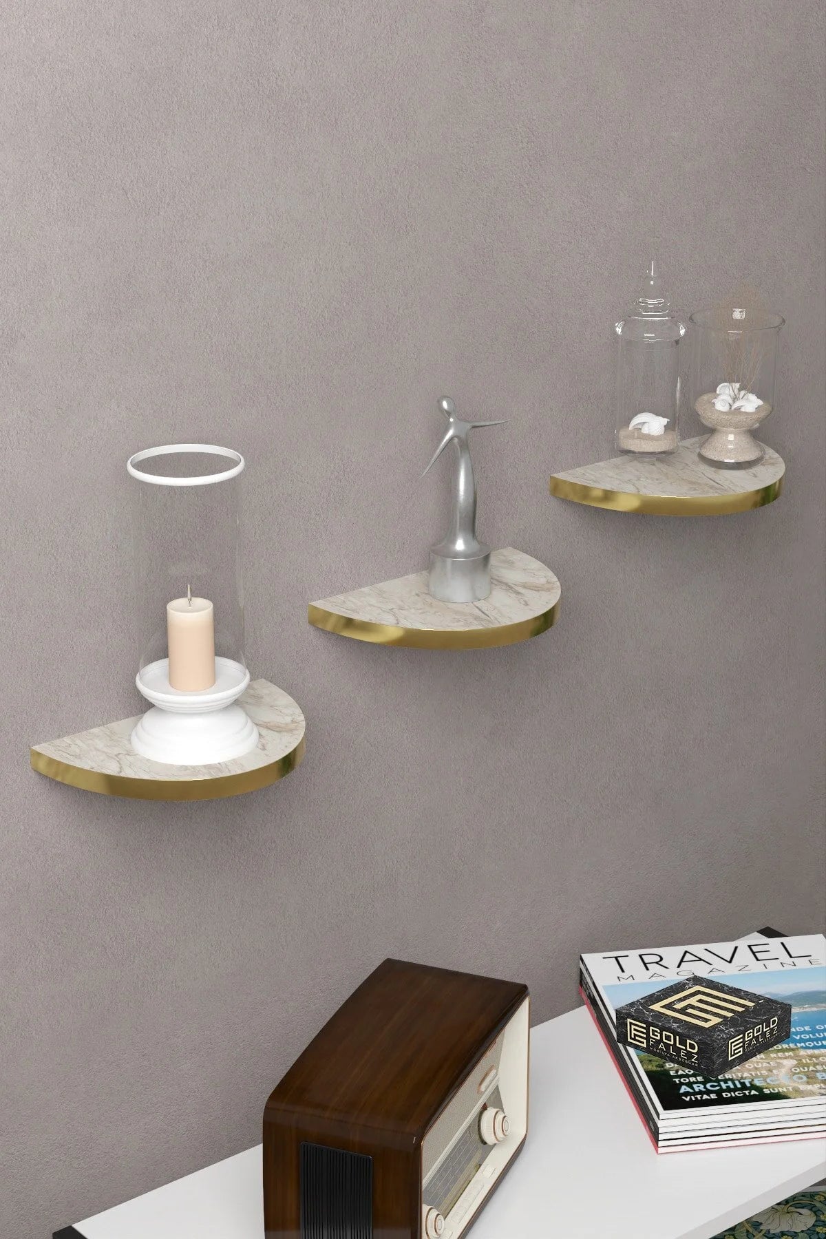 İlkal Овален стенен рафт от 3 части Gold Efes White – görsel 3