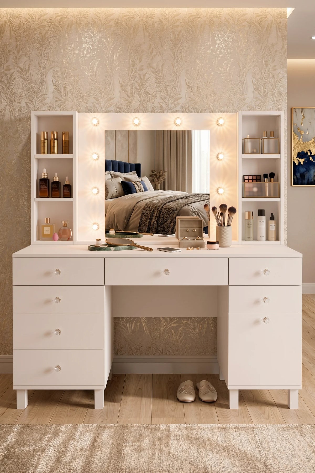 Тоалетка Monroe със 7 чекмеджета и органайзер с капак Hollywood Led Light Shelf White MO5-W – изображение 3