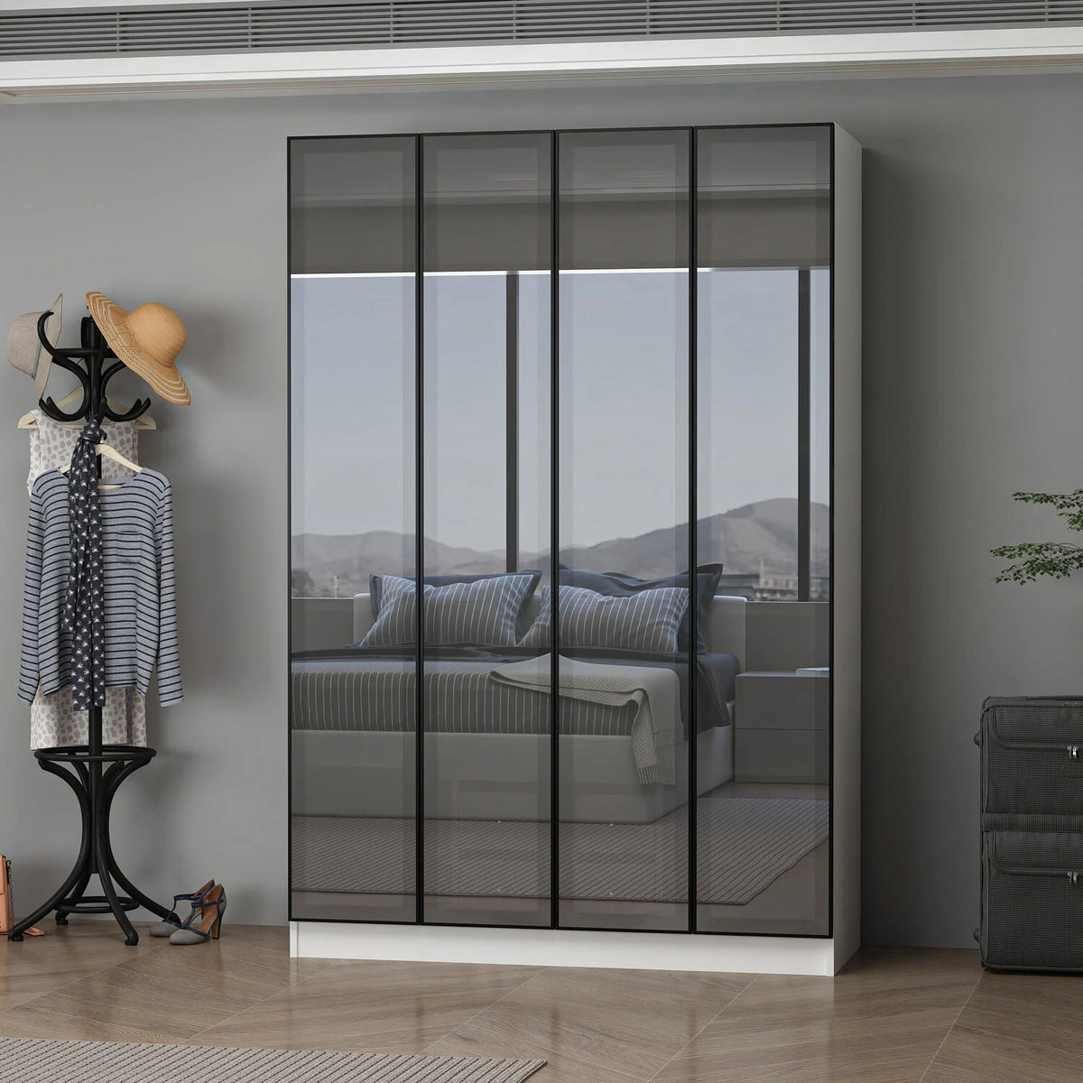 Alin 4 Doors Hidden 2 Drawers Reflective Glass Doors Cabinet White – image 3