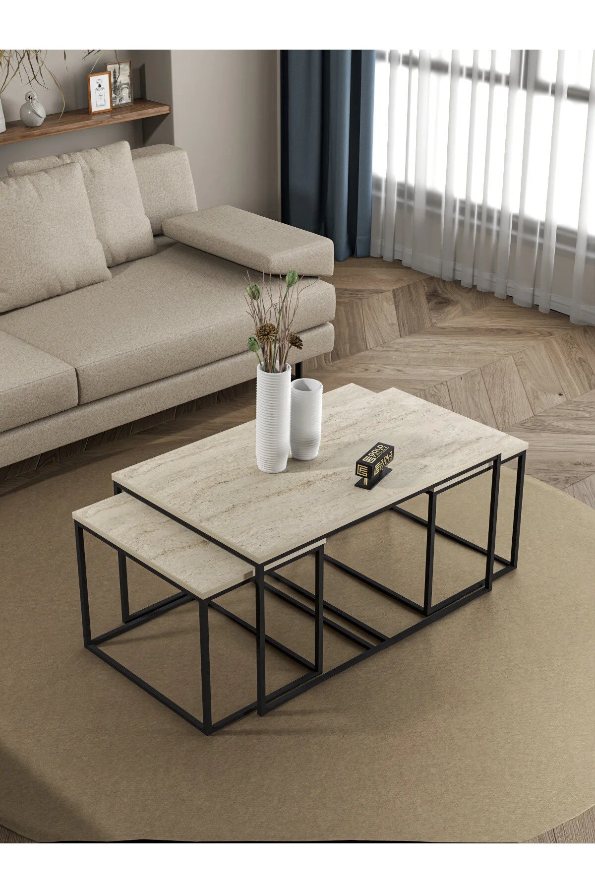 Комплект маси за кафе Flora Travertine Beige Комплект от 4 бр – изображение 2