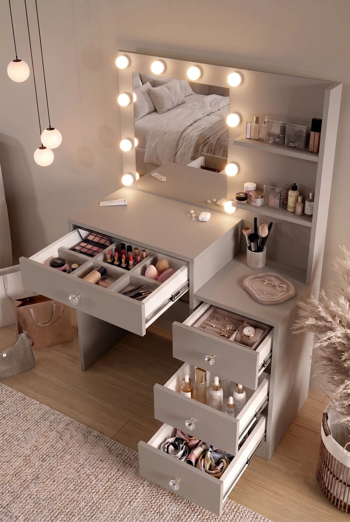 Тоалетка Monroe Органайзер с 4 чекмеджета Hollywood LED осветление Етажерка Beach MO2-CO