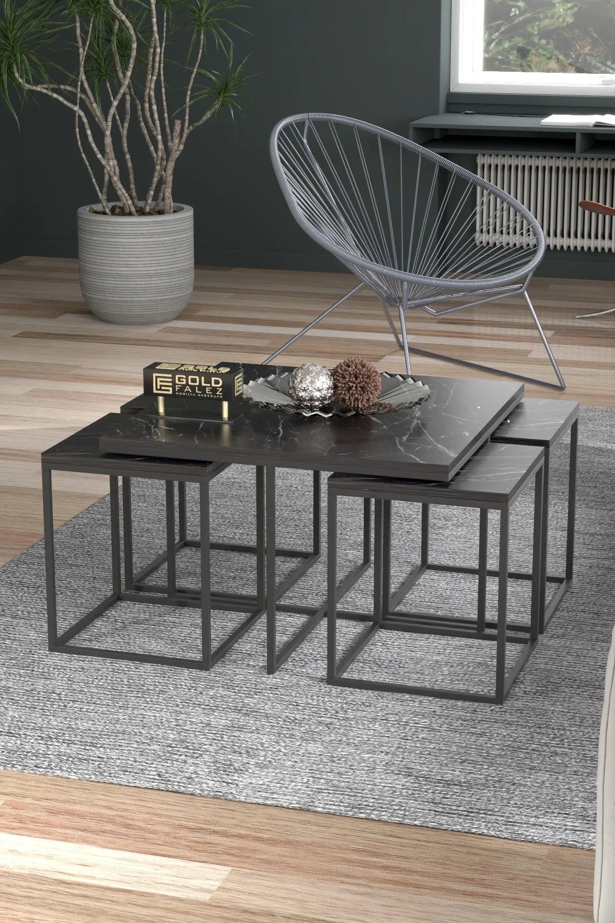 Златен комплект масичка за кафе Bendir Black от 5 части – изображение 2
