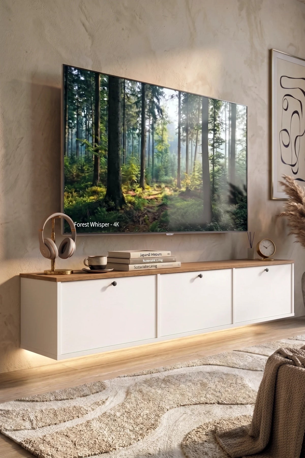 Nord LED осветена стойка за телевизор с 3 клапи, стенен монтаж 180 см, бял гланц ND18-SW