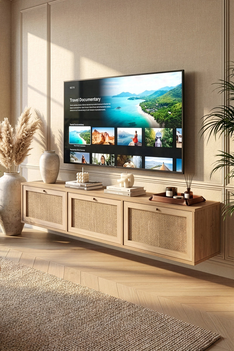 Dune TV Unit Wall Mounted 3 Wood and Jute Doors 180 cm