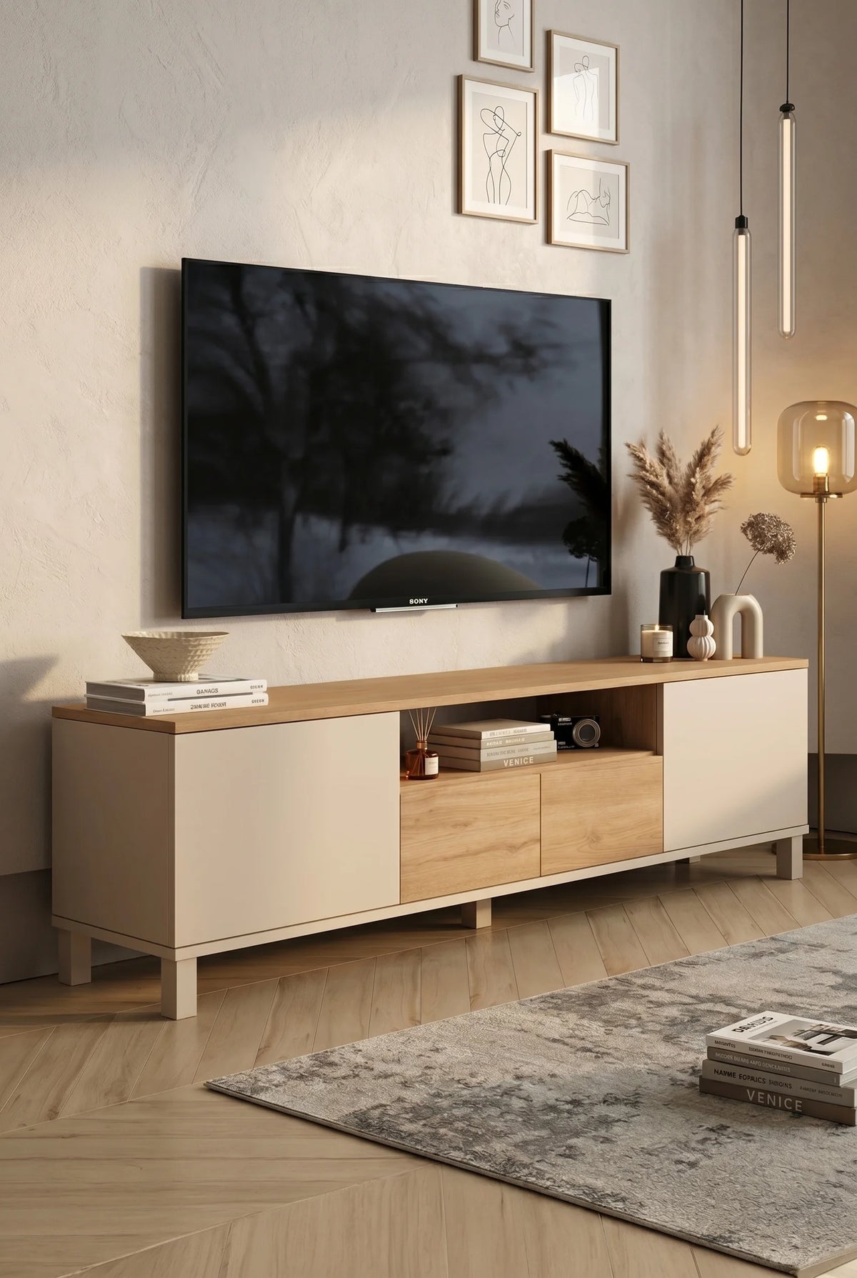 Mood TV стойка с 2 капака, 2 чекмеджета, дървени крака 180 см Пясъчен дъб MD1-CS
