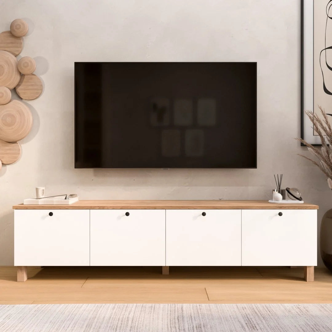 Стойка Nord TV с 4 капака и дървени крака 180cm Кошница-бяла – изображение 2