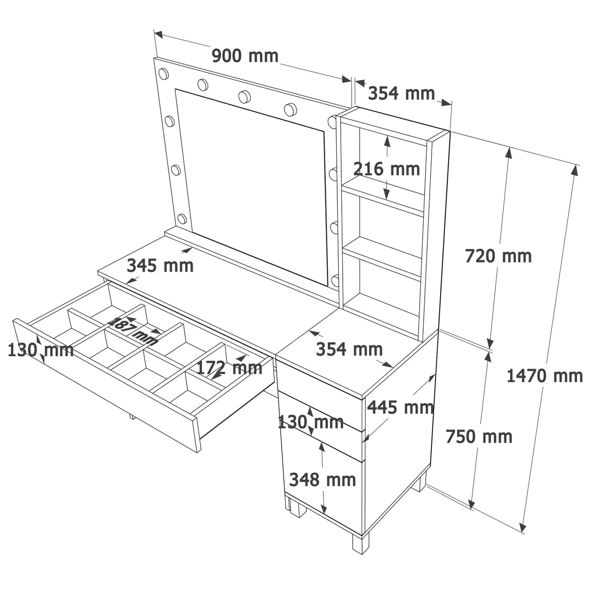 Маса за грим Monroe с 3 чекмеджета и калъф Органайзер Hollywood LED Light Shelf White – изображение 8