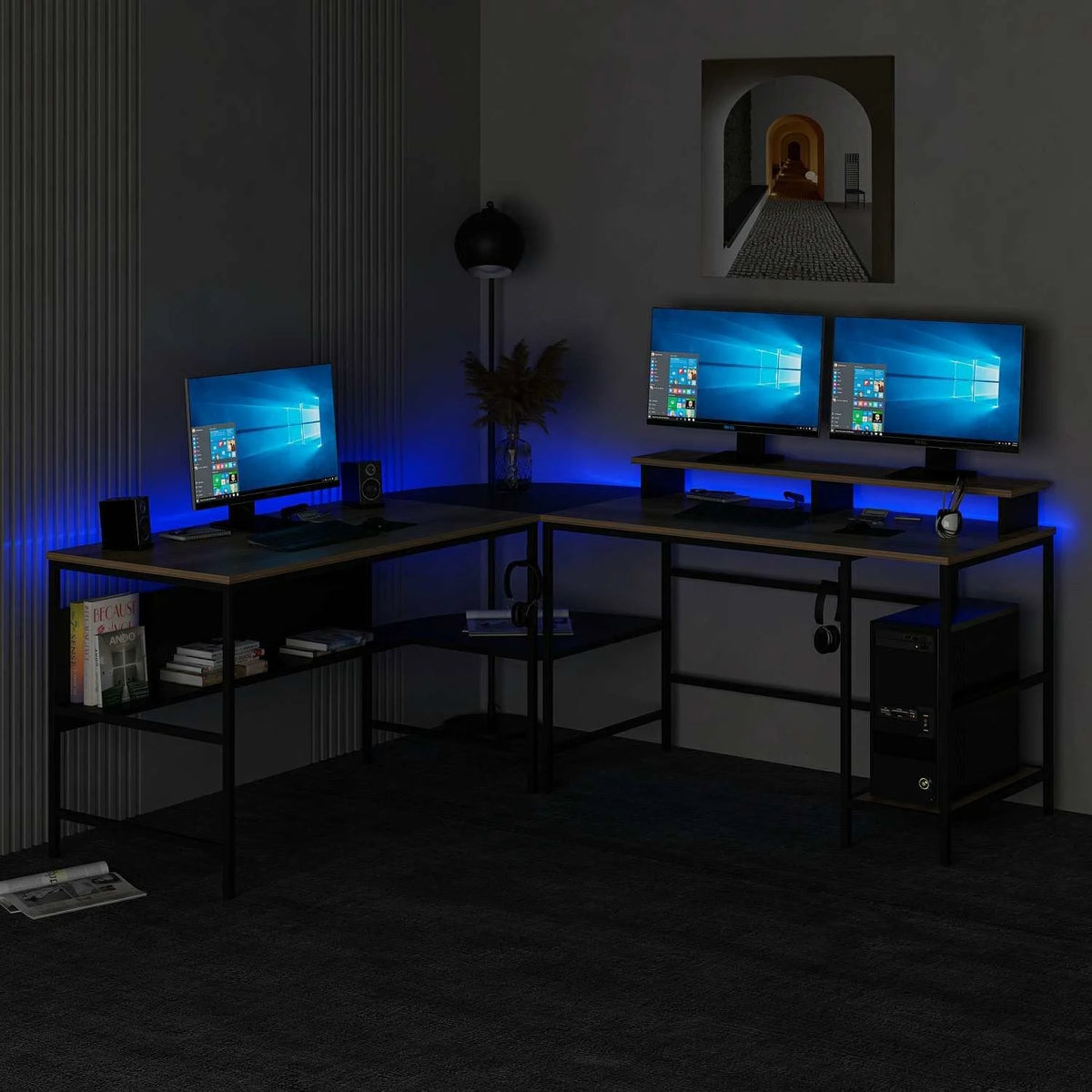 Ъглово бюро Greta L с RGB LED светлини - златисто/черно – görsel 5
