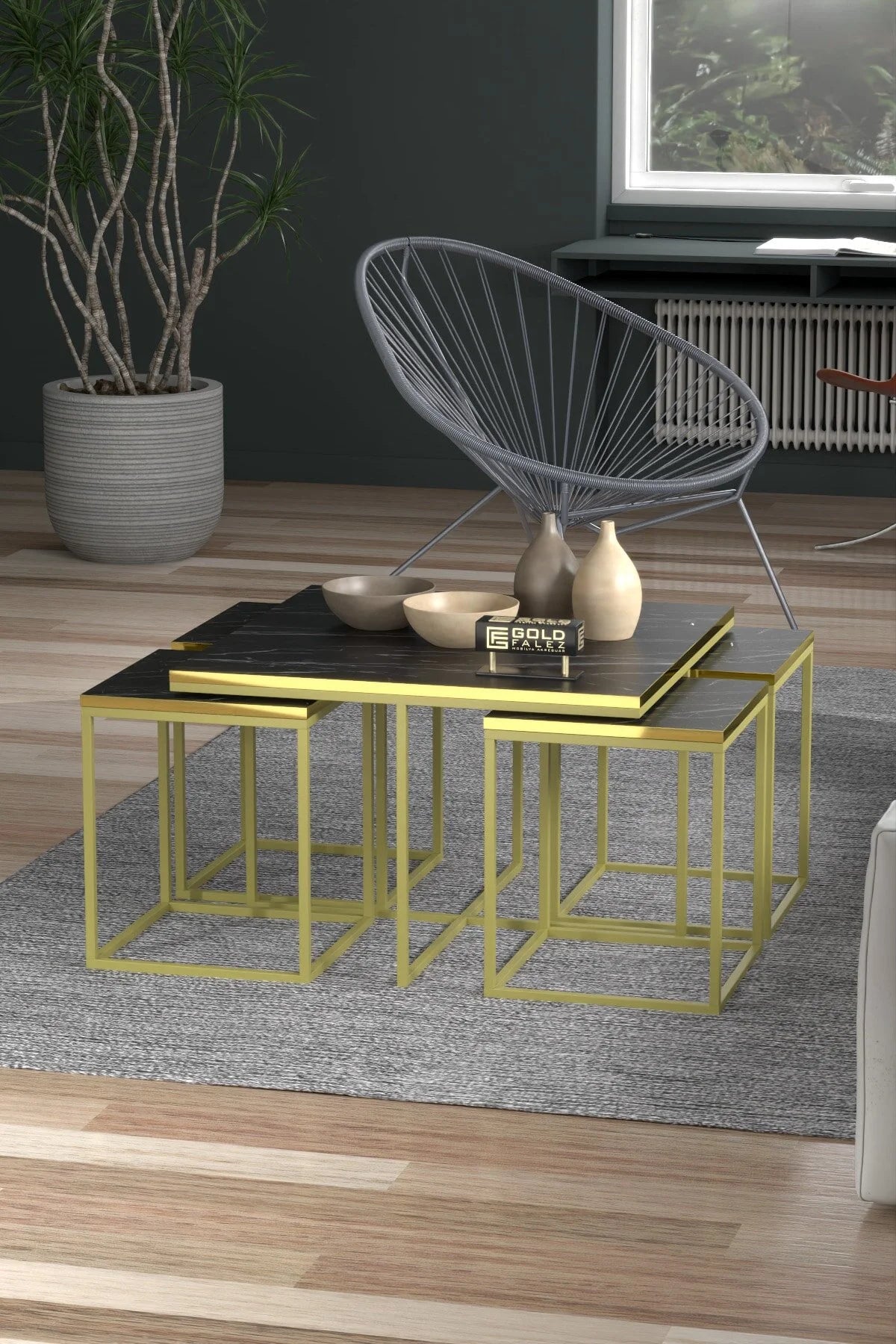 Златен комплект масичка за кафе Bendir Black от 5 части – изображение 3