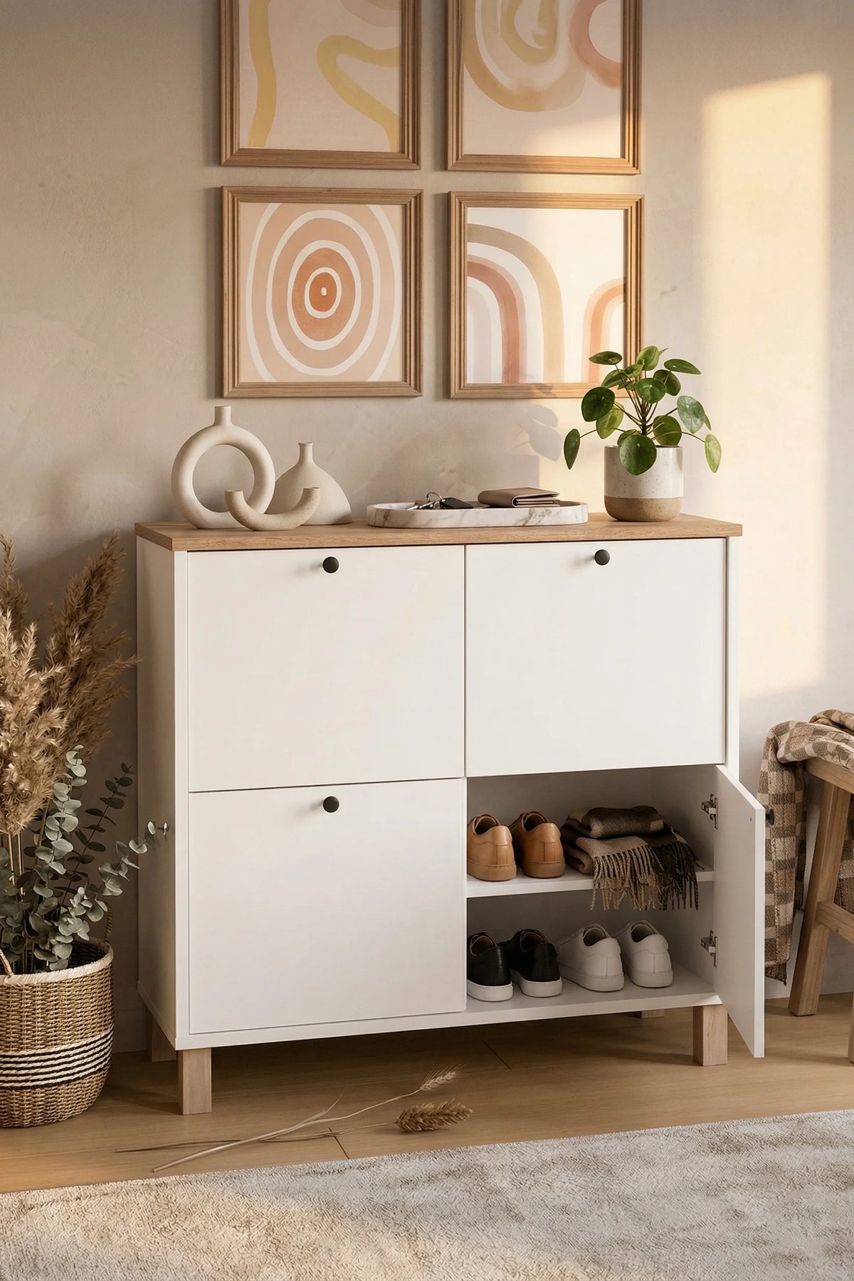 Nord Shoe Rack Многофункционален шкаф с 4 врати и кошница с дървени крака-бял ND1-SW