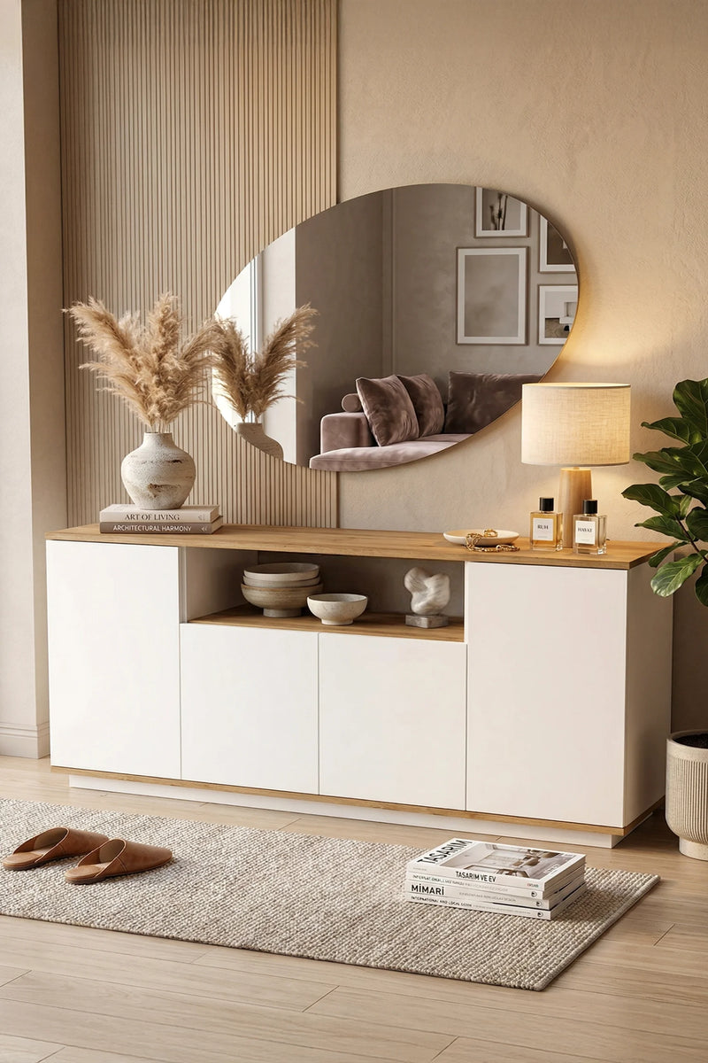 Бъдеща конзола с 4 врати и рафтове 180cm Pine-White
