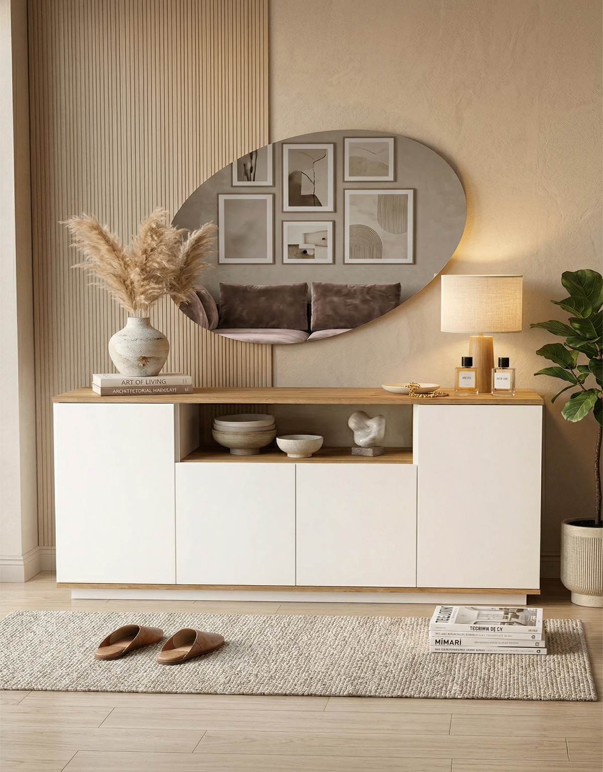 Бъдеща конзола с 4 врати и рафтове 180cm Pine-White – изображение 3