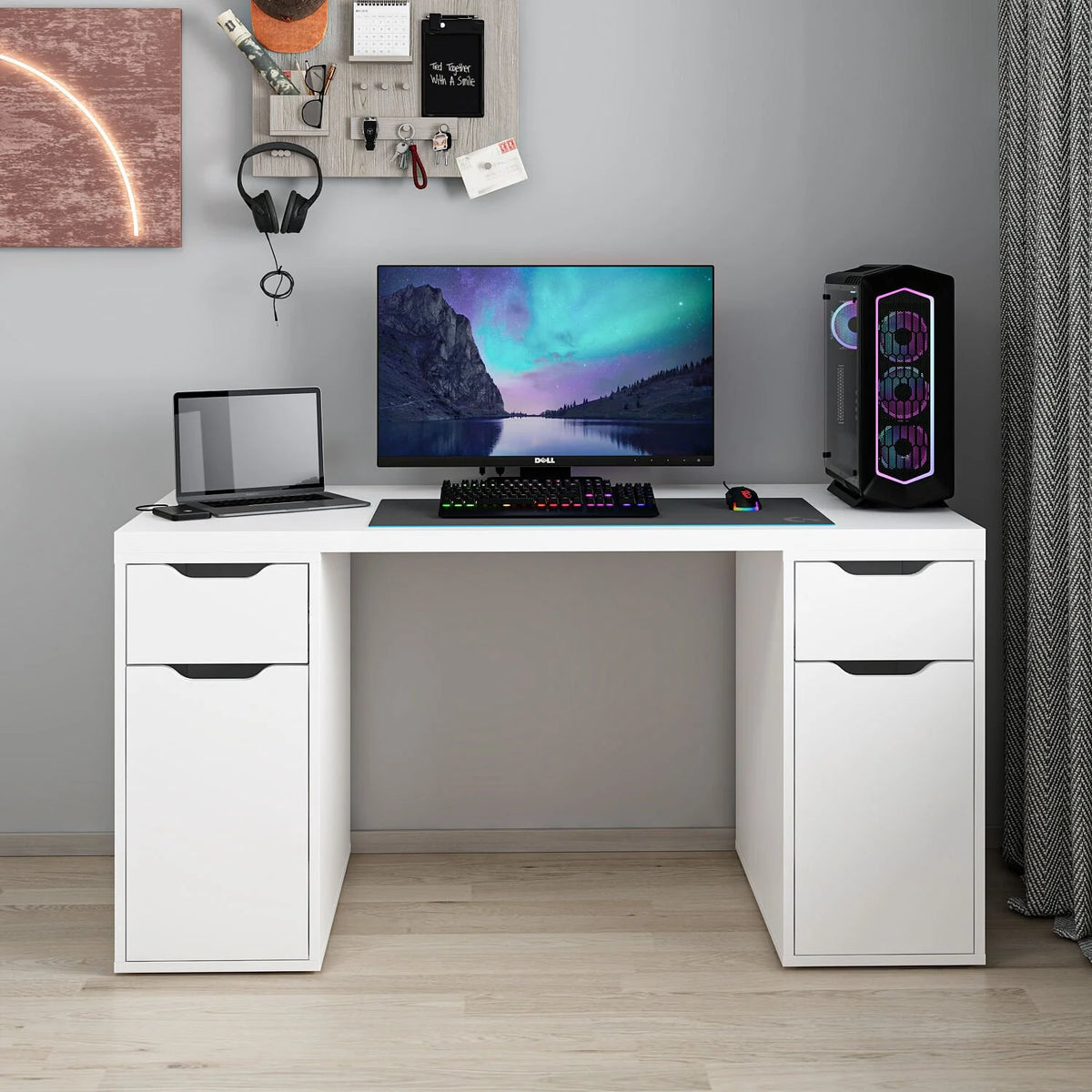 Alen 150 Cm Бюро за учене и игри с 2 чекмеджета и 2 шкафа - бяло – изображение 2