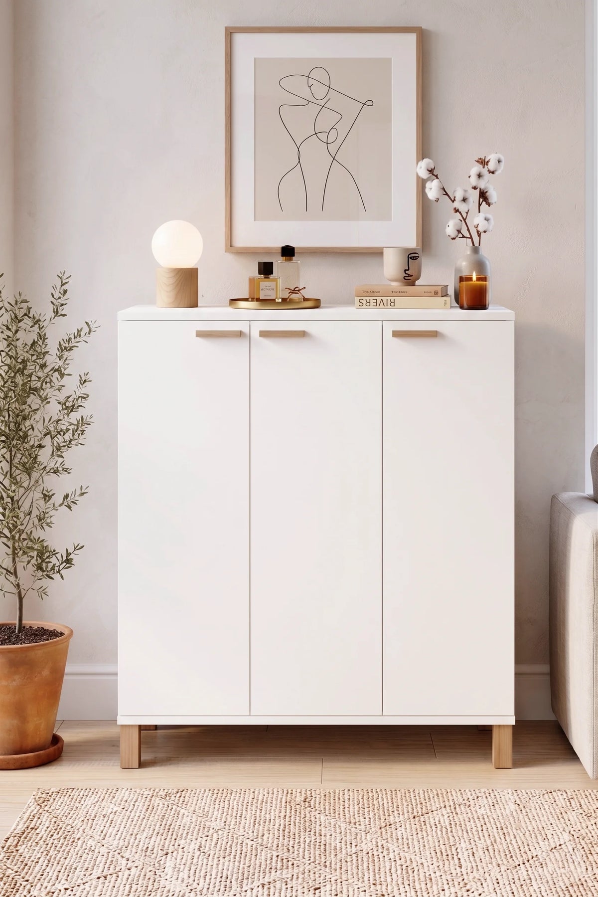 Дървени крака Oslo, 10 рафта, 3 врати, многофункционален шкаф, поставка за обувки Dresuar, 20 чифта обувки, бяло OL11-W – görsel 2