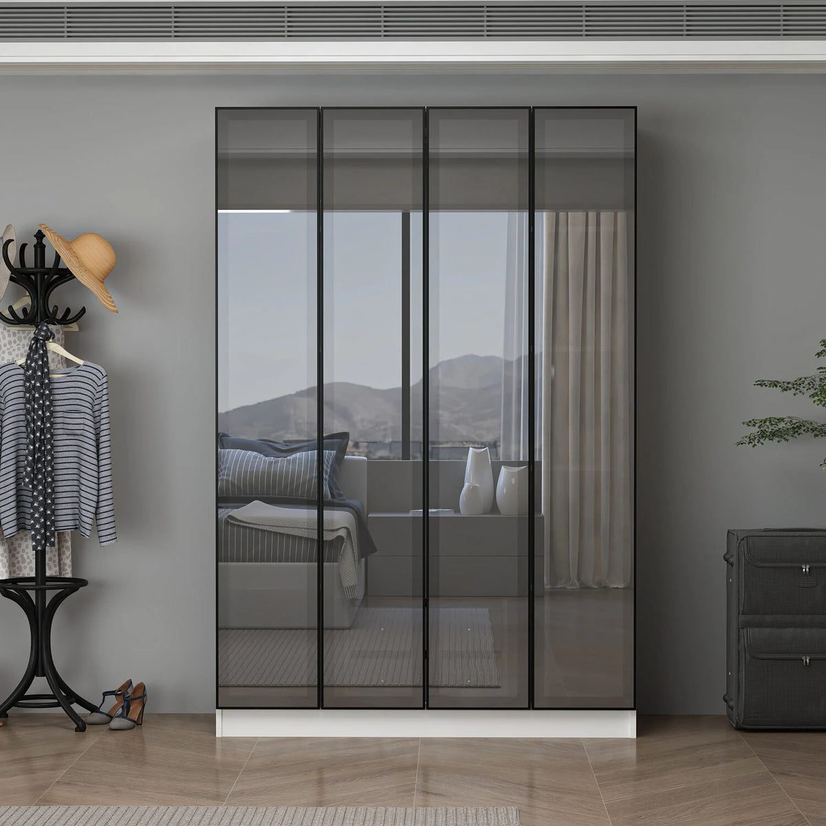 Alin 4 Doors Hidden 2 Drawers Reflective Glass Doors Cabinet White – image 2