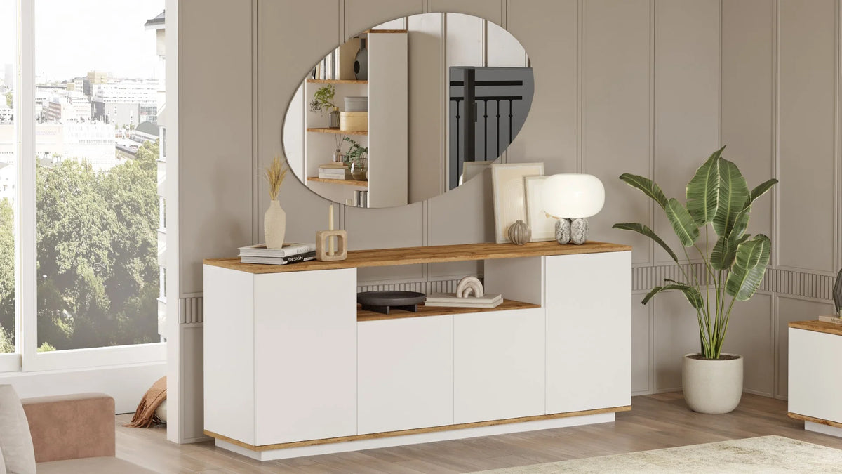 Бъдеща конзола с 4 врати и рафтове 180cm Pine-White – изображение 5