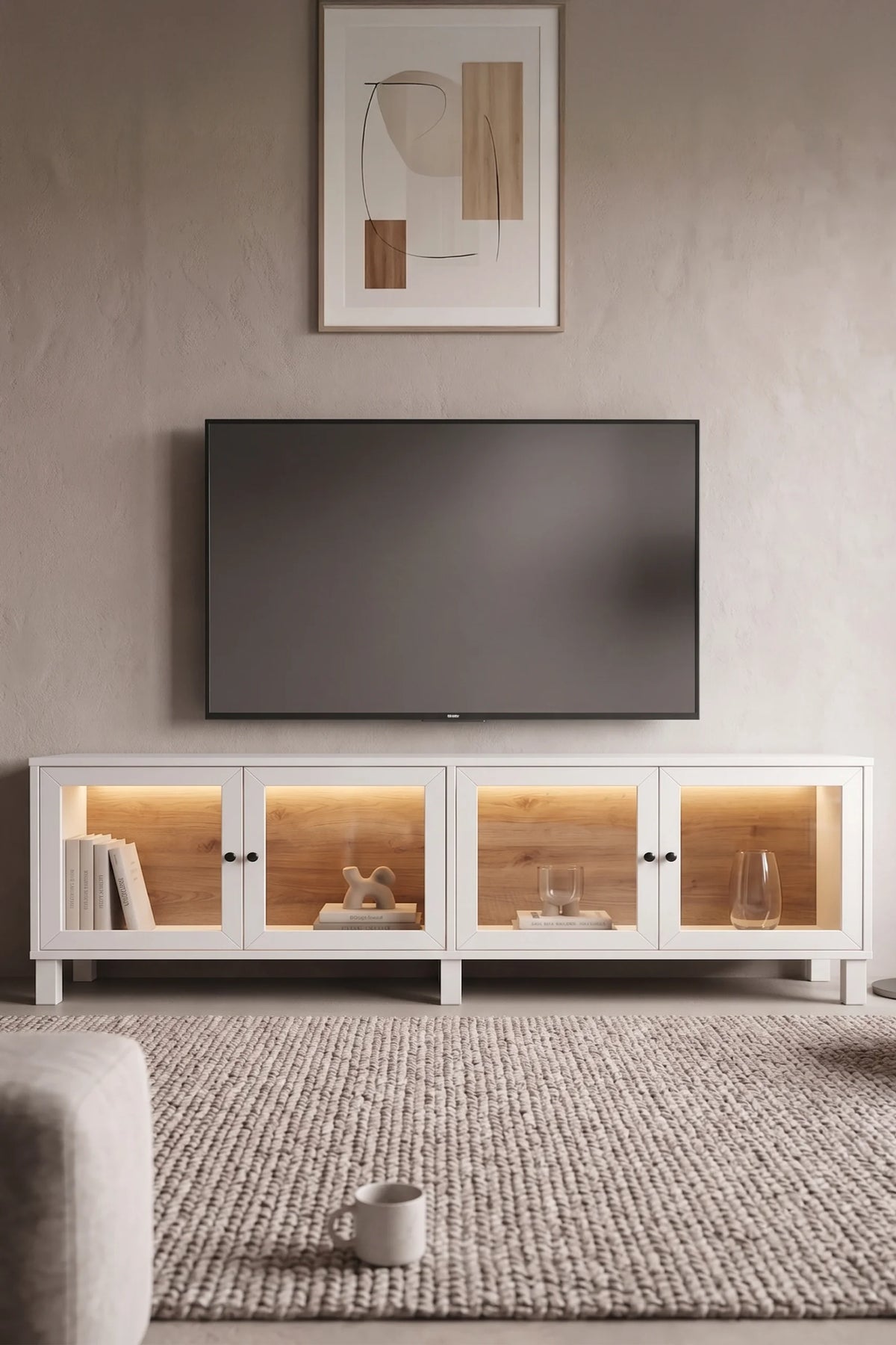 TV модул с неоново LED осветление от закалено стъкло Yoda Стойка за телевизор Витрина Шкаф с дървени крака - Бял YD14-SW – изображение 2