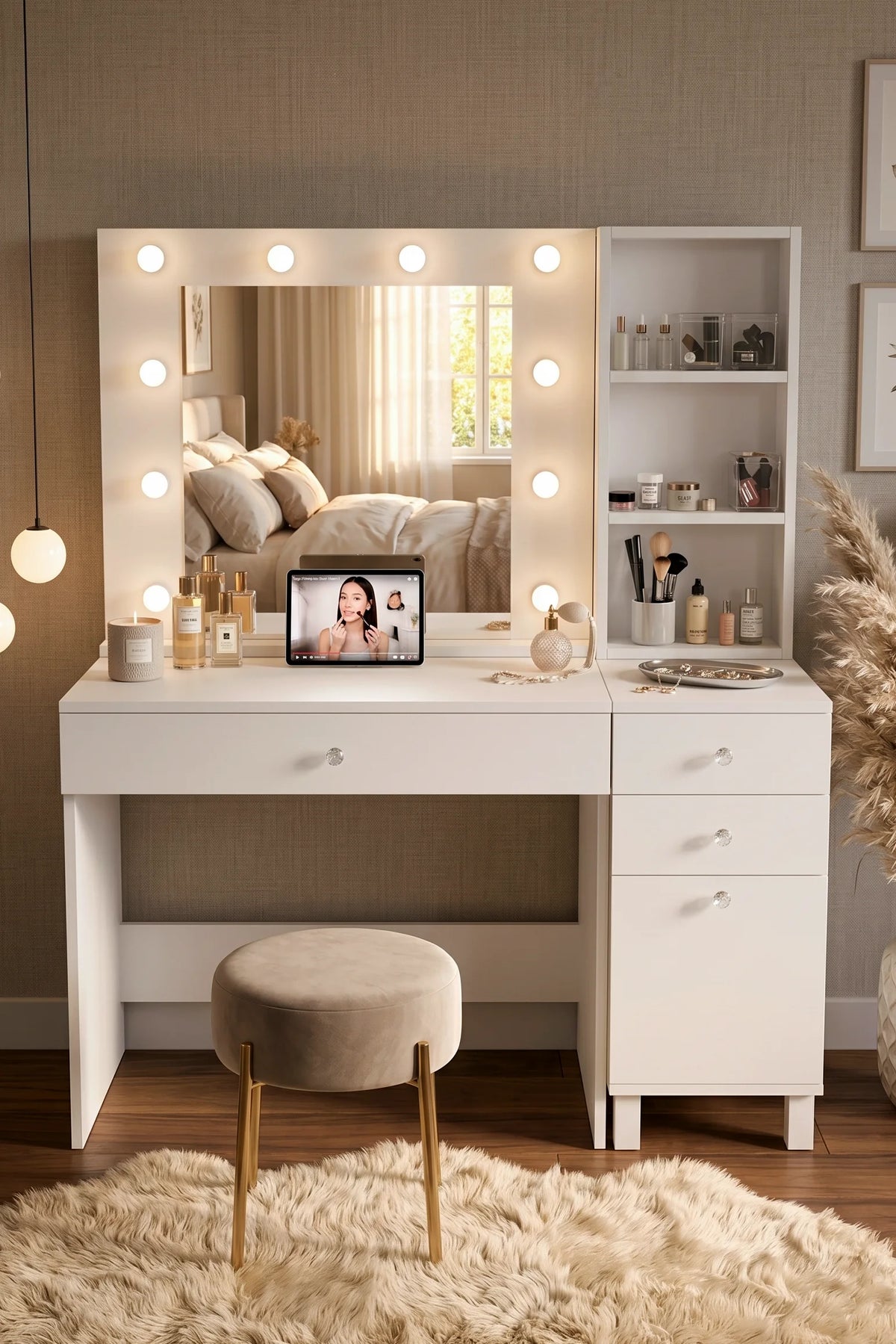 Маса за грим Monroe с 3 чекмеджета и калъф Органайзер Hollywood LED Light Shelf White – изображение 4