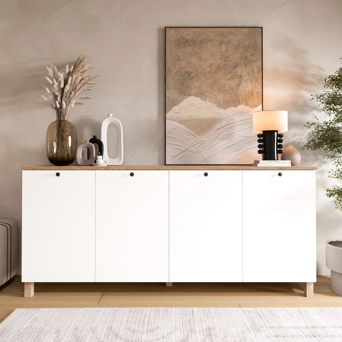 Nord Конзола с 4 врати и дървени крака 180cm Кошница-бяла – görsel 2