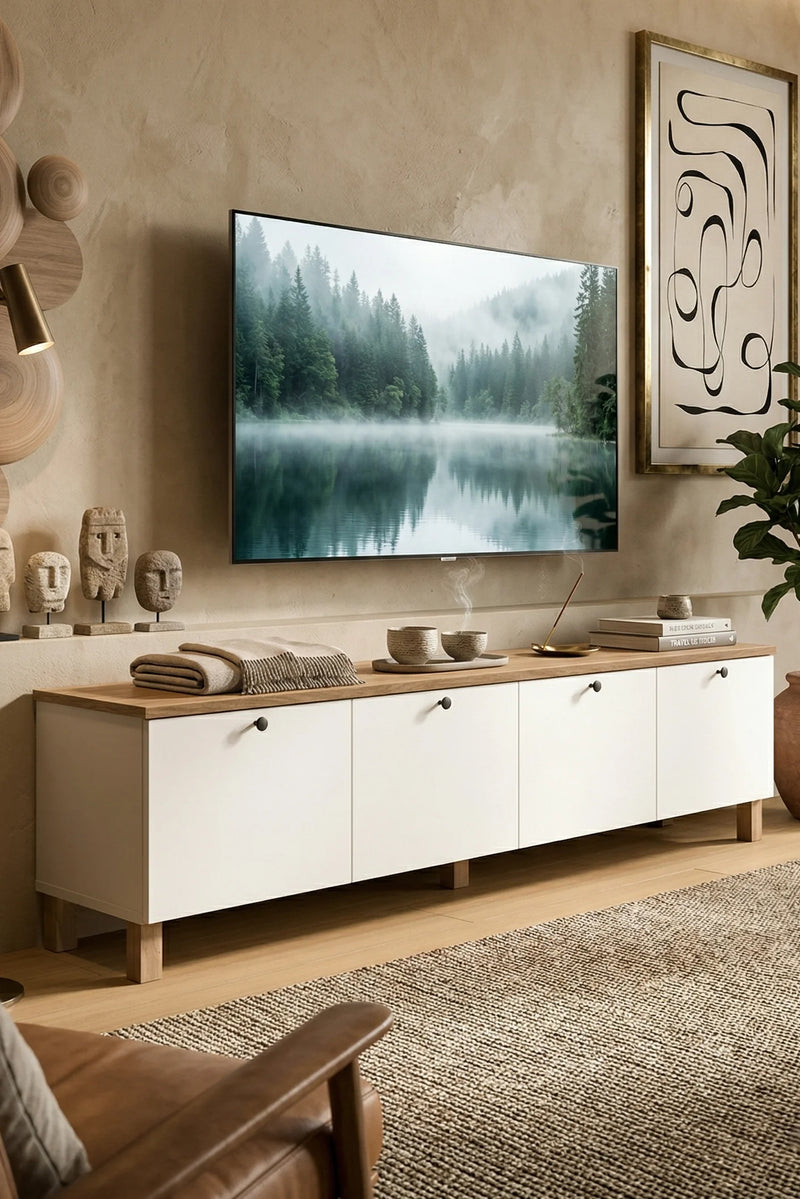 Стойка Nord TV с 4 капака и дървени крака 180cm Кошница-бяла