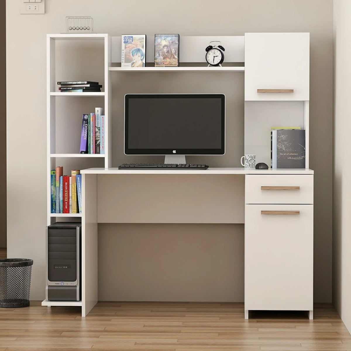 Весело модерно бюро за учене с рафтове и шкафове Бяло – изображение 2