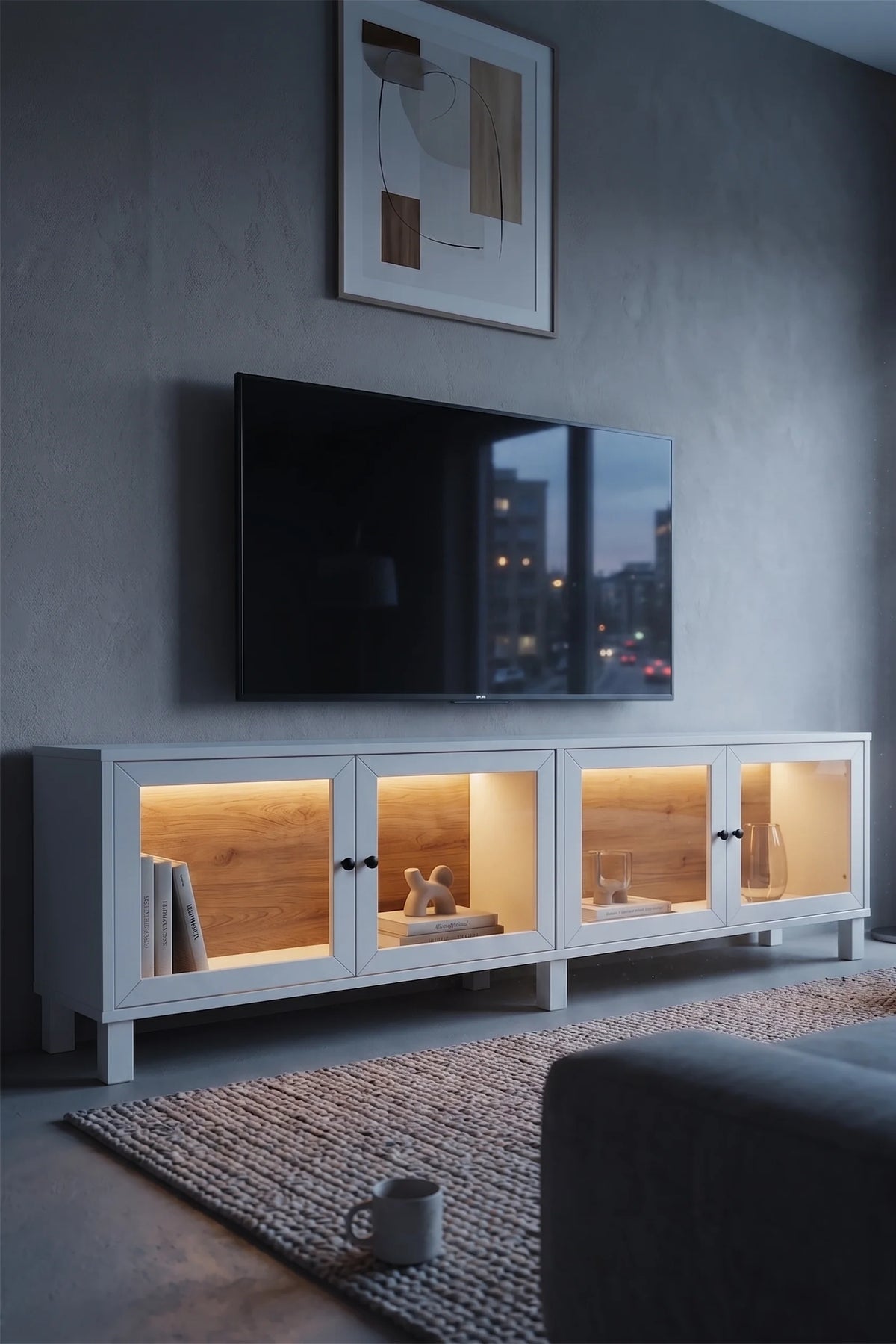 TV модул с неоново LED осветление от закалено стъкло Yoda Стойка за телевизор Витрина Шкаф с дървени крака - Бял YD14-SW – изображение 4