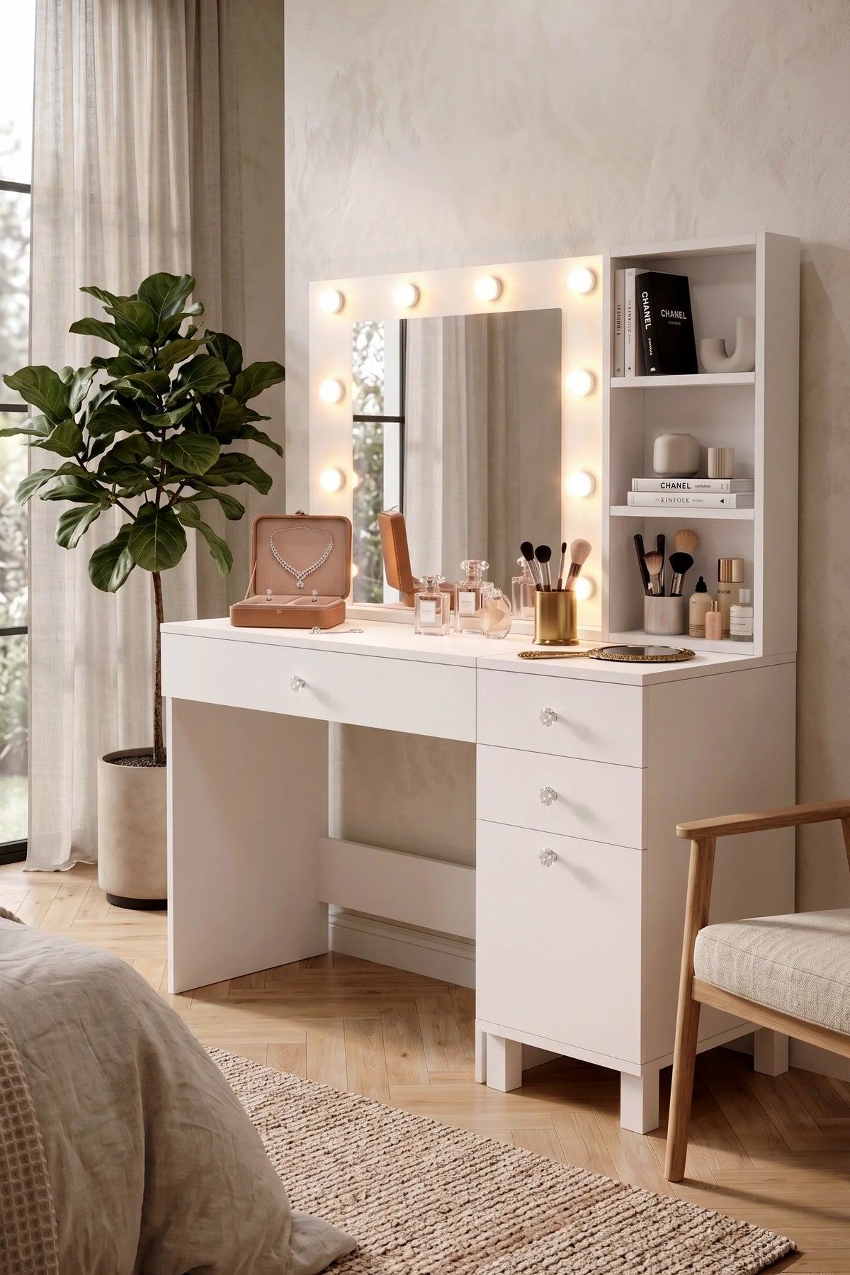 Маса за грим Monroe с 3 чекмеджета и калъф Органайзер Hollywood LED Light Shelf White – изображение 2