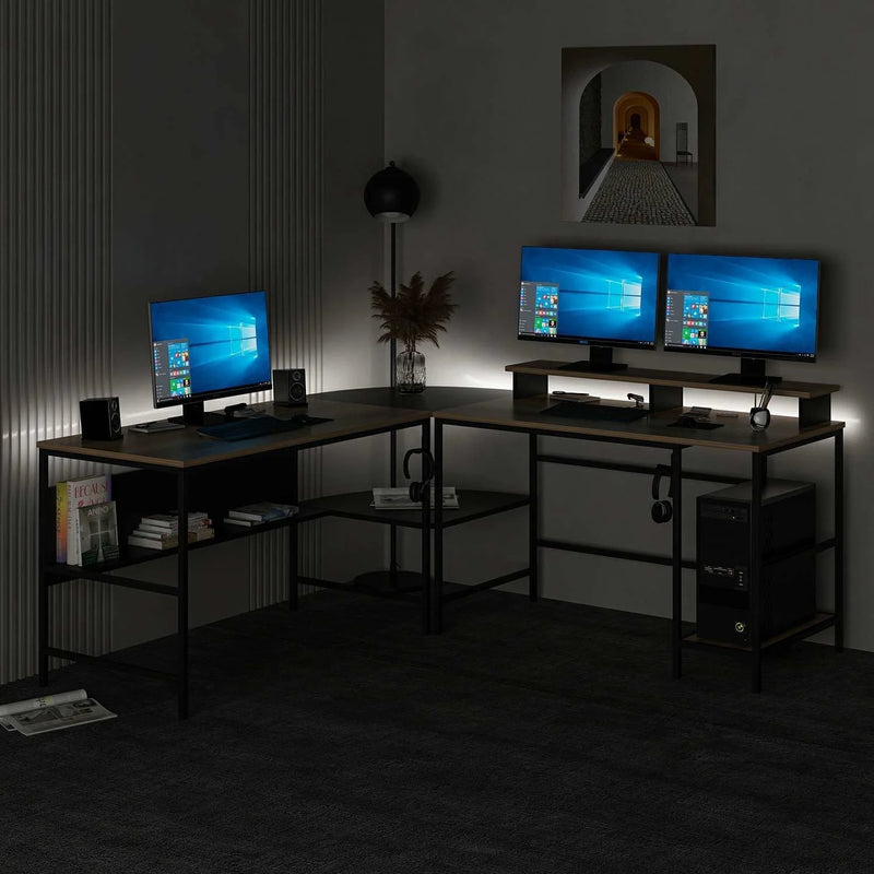 Ъглово бюро Greta L с RGB LED светлини - златисто/черно