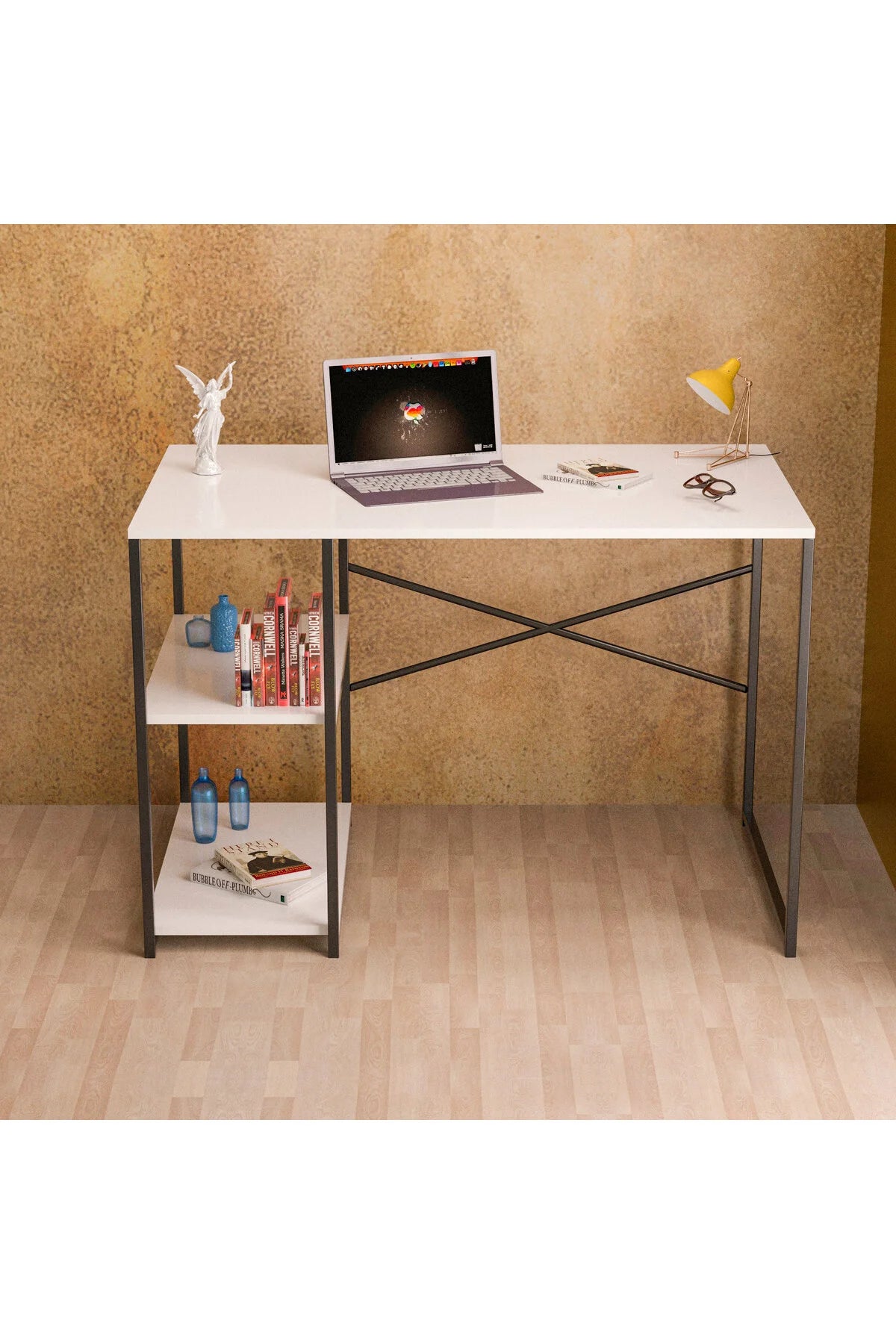 Бюро за учене с рафтове Бяло 120
