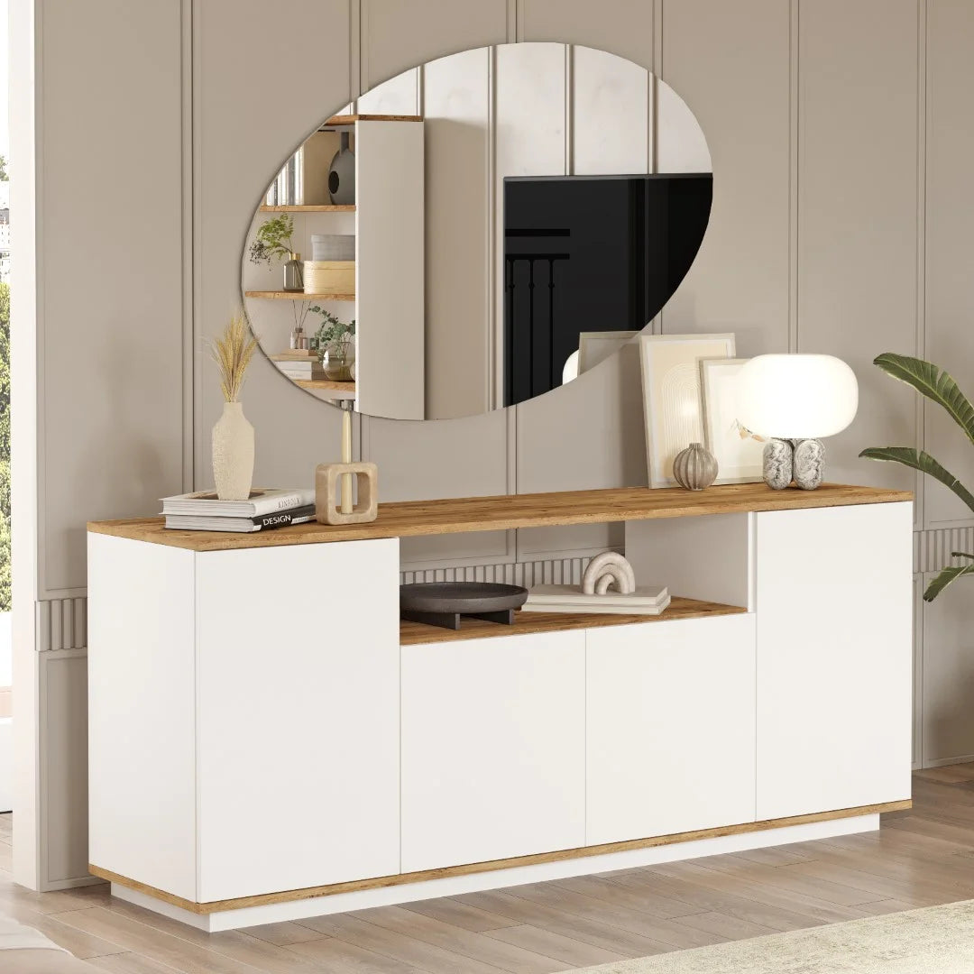 Бъдеща конзола с 4 врати и рафтове 180cm Pine-White – изображение 4