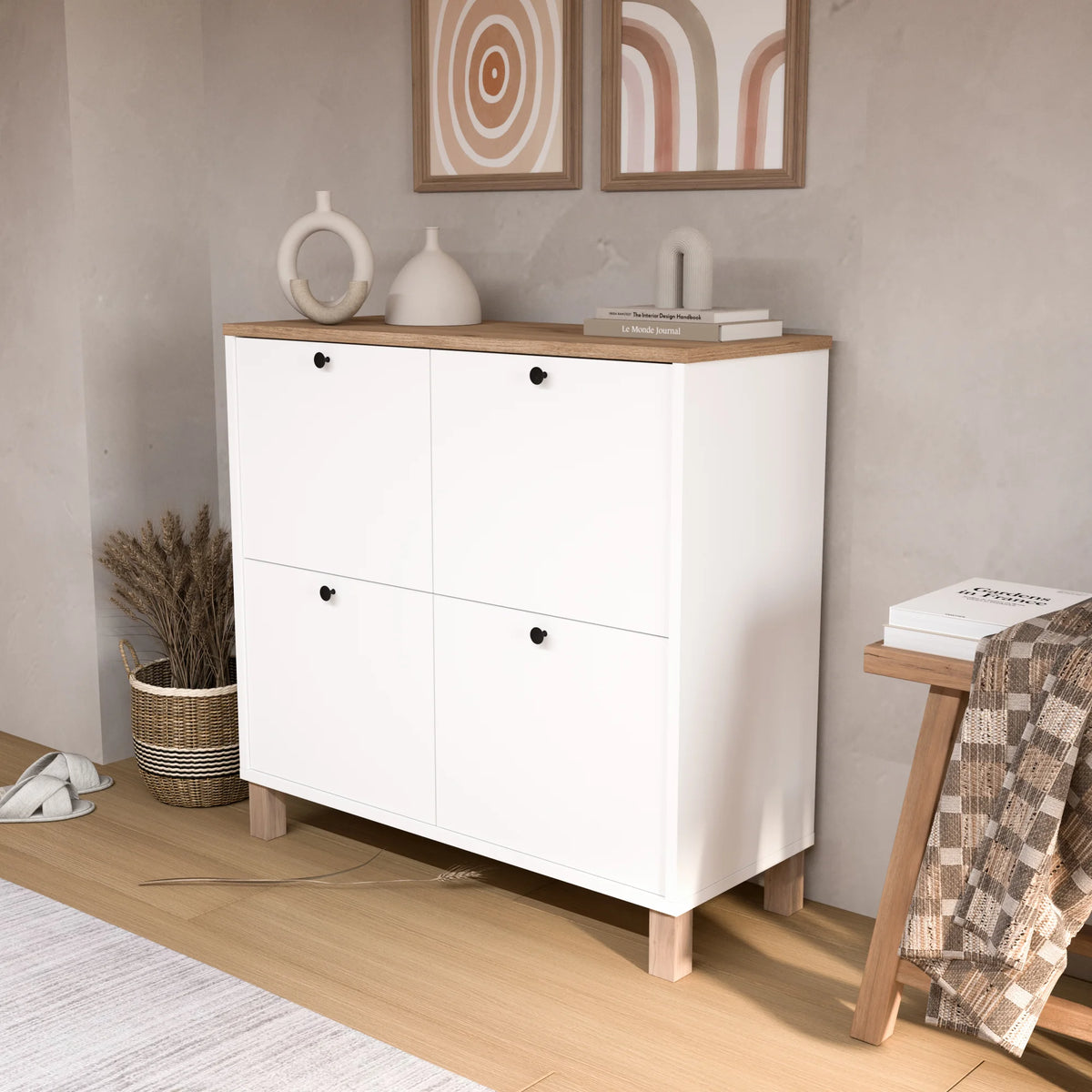 Nord Shoe Rack Многофункционален шкаф с 4 врати и кошница с дървени крака-бял ND1-SW – görsel 2