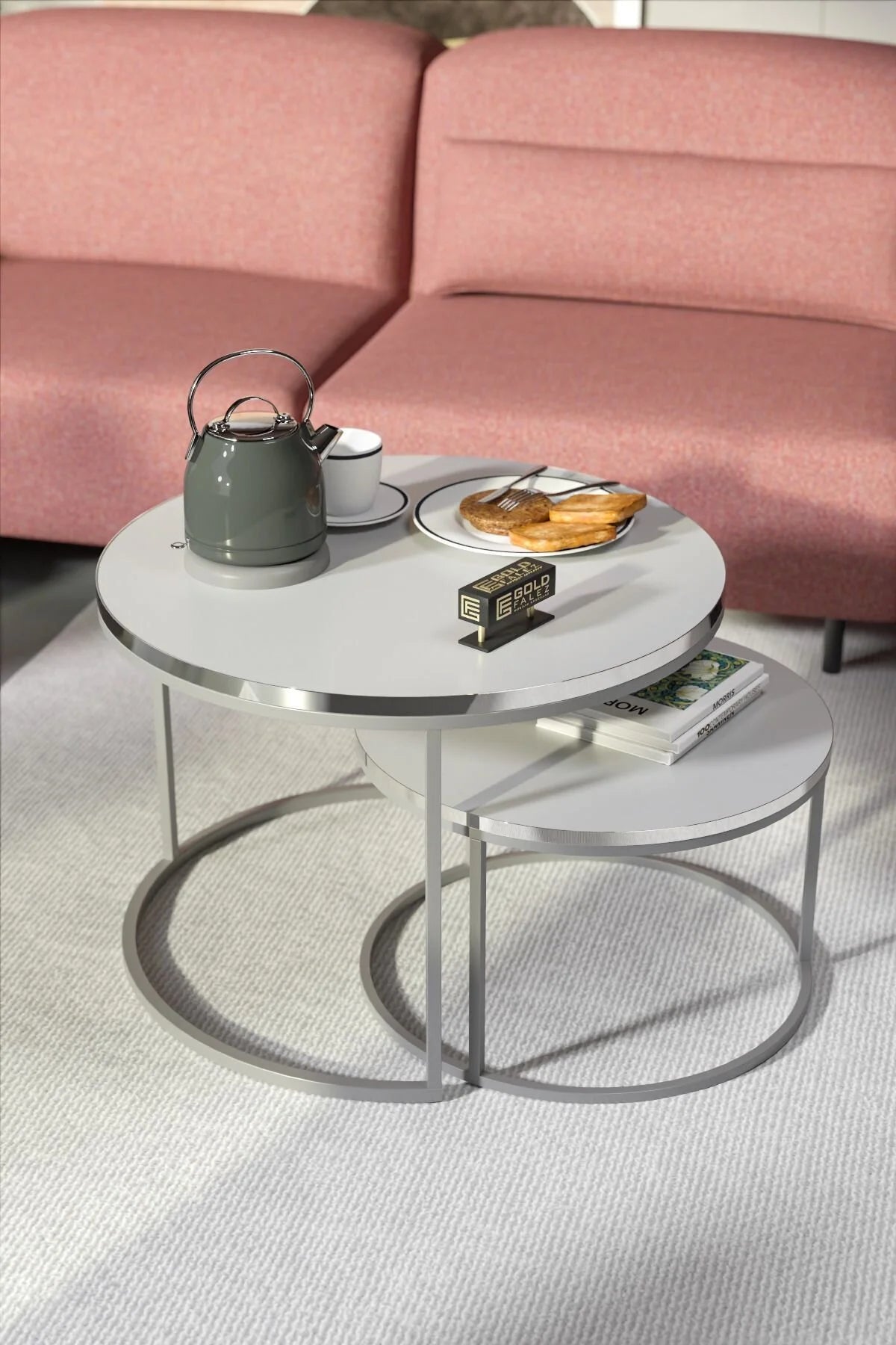 Сребриста метална масичка за кафе Бяла 2 части