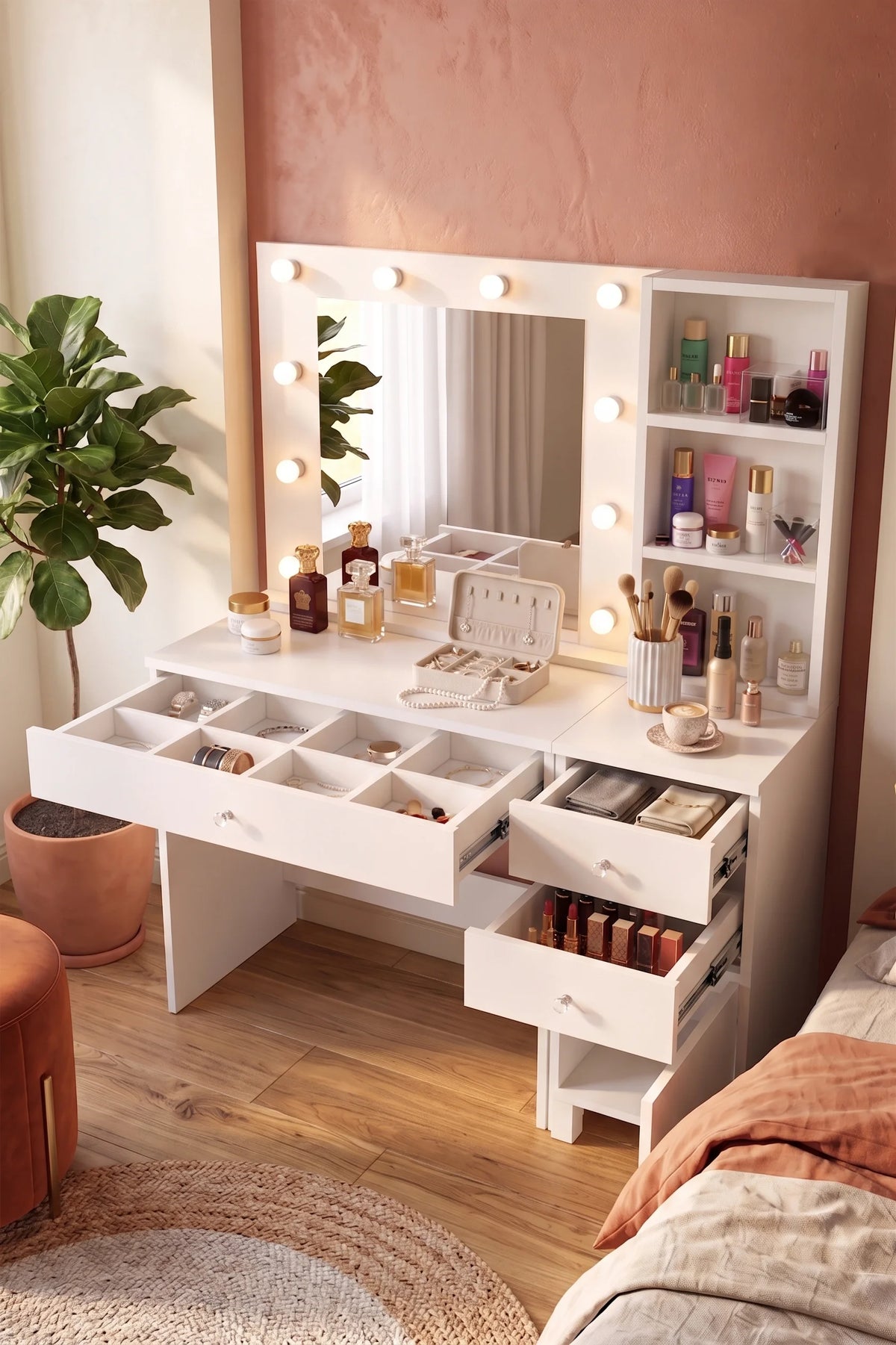 Маса за грим Monroe с 3 чекмеджета и калъф Органайзер Hollywood LED Light Shelf White