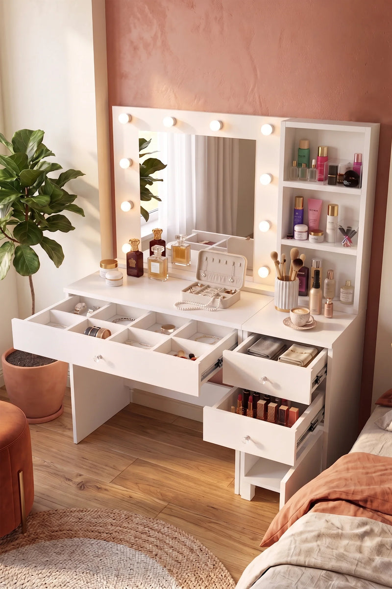 Маса за грим Monroe с 3 чекмеджета и калъф Органайзер Hollywood LED Light Shelf White