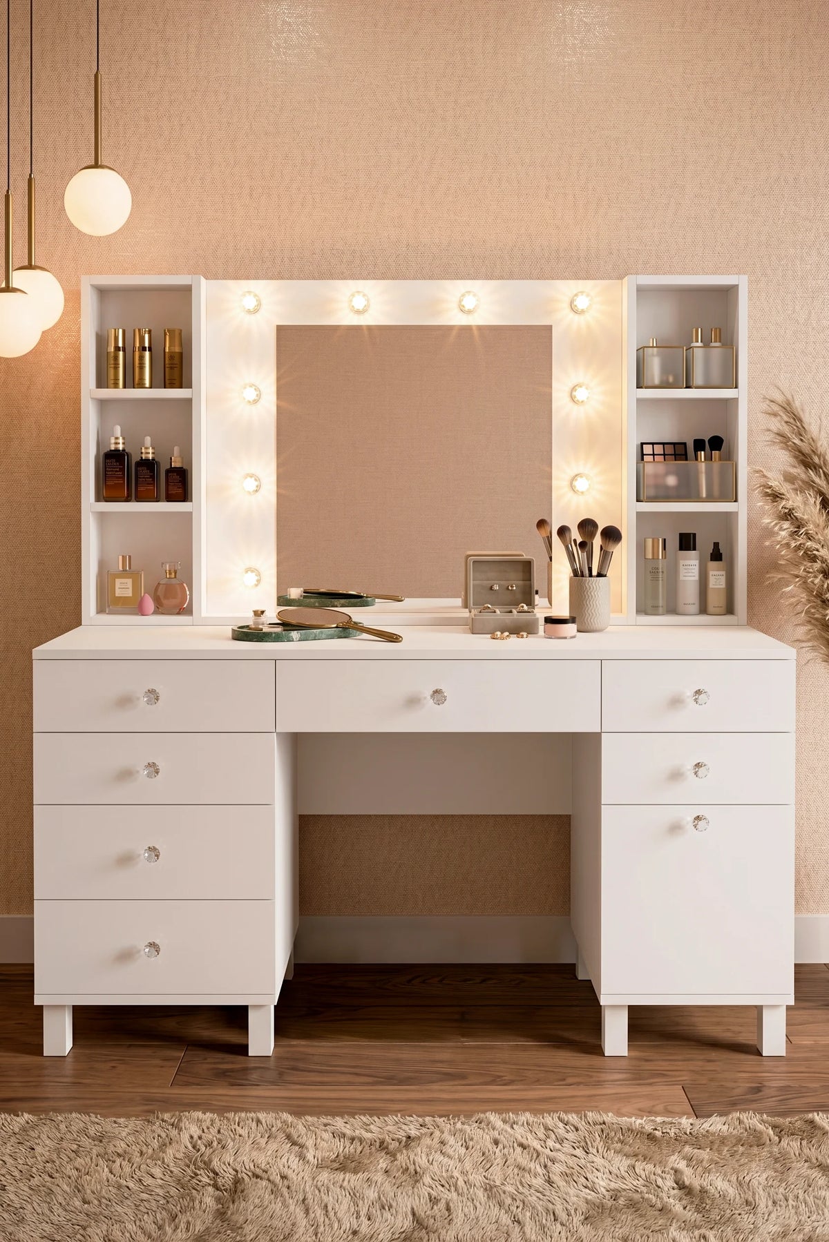 Тоалетка Monroe със 7 чекмеджета и органайзер с капак Hollywood Led Light Shelf White MO5-W – изображение 5
