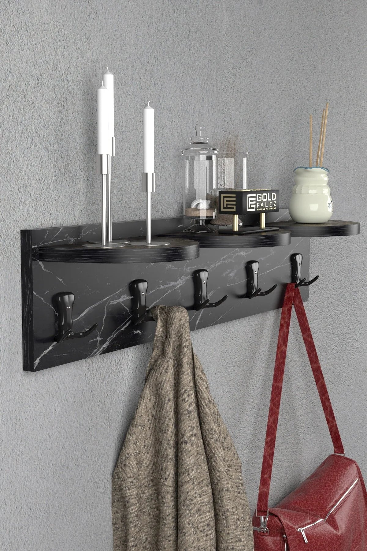 İlkal Закачалка за стена от 5 части Bendir Black 80 cm – görsel 3