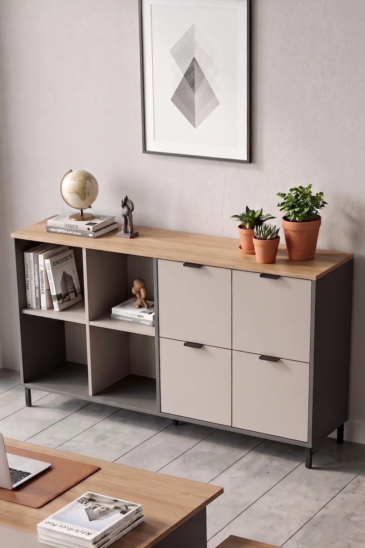 Motto 147×35 см Офис шкаф Шкаф за папки Конзолен шкаф Мултифункционален шкаф Метален крак Кошница-Плаж-Антрацит MT4-CSA