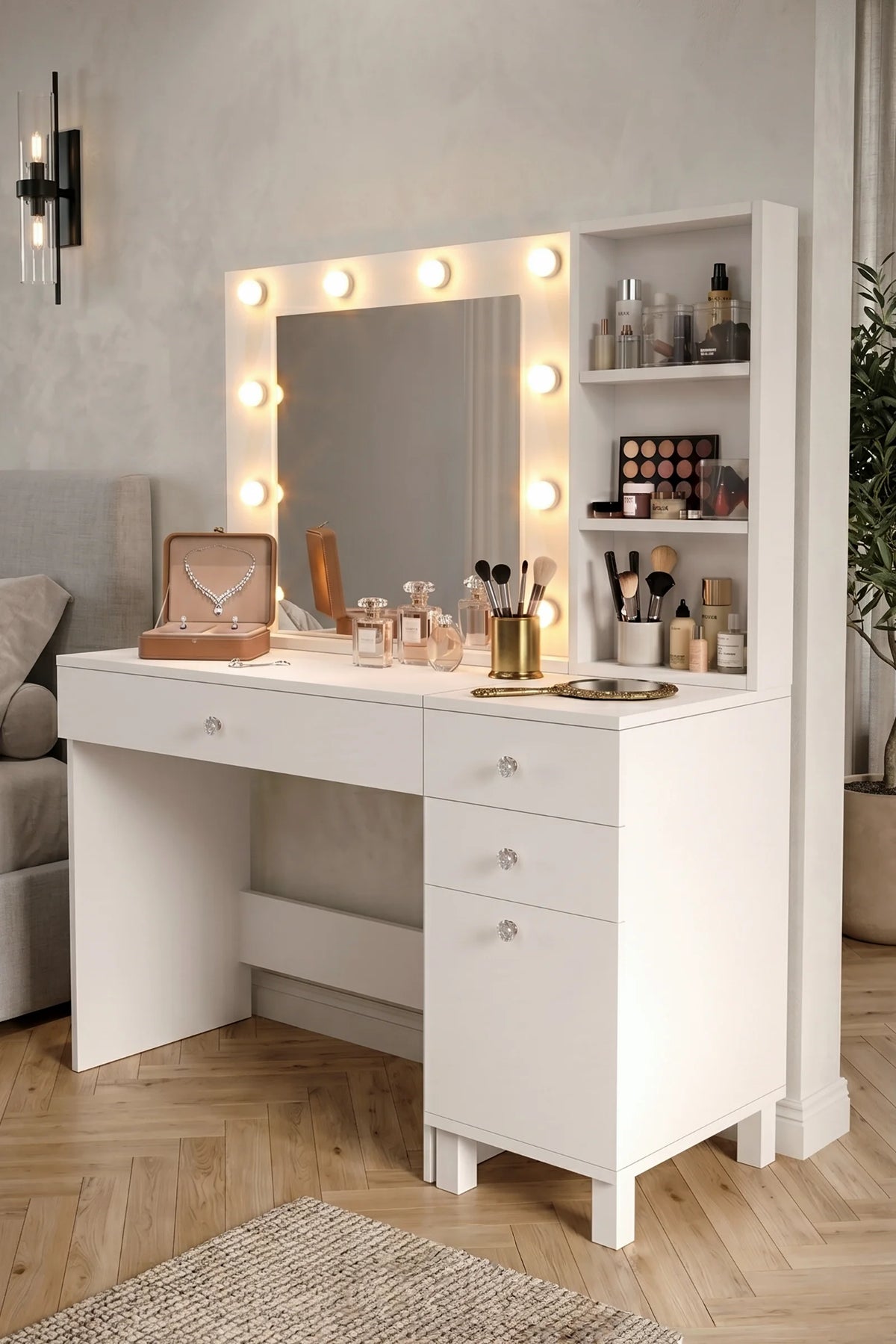 Маса за грим Monroe с 3 чекмеджета и калъф Органайзер Hollywood LED Light Shelf White – изображение 3